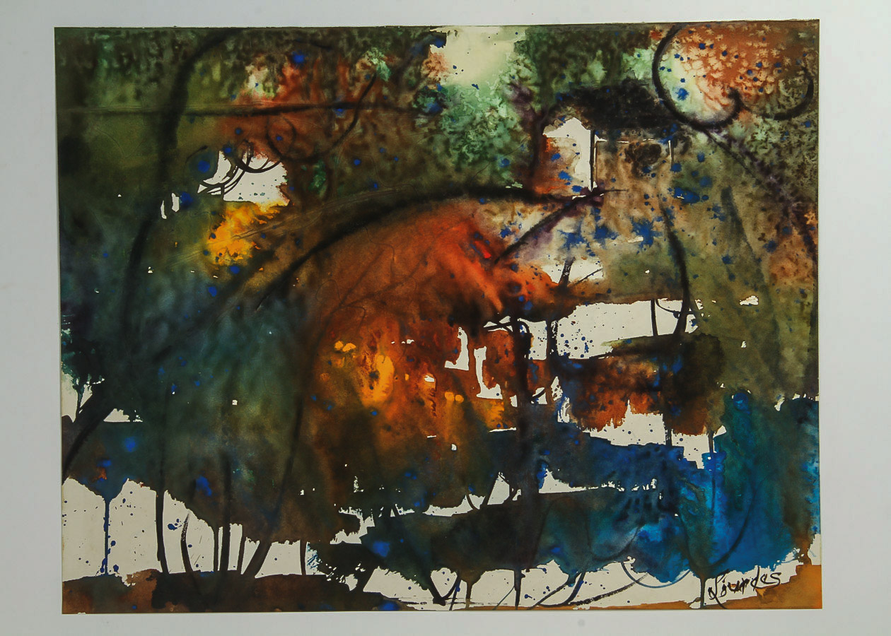 Lourdes Watercolor and Gouache Painting on Paper "Autumnal Abstract"