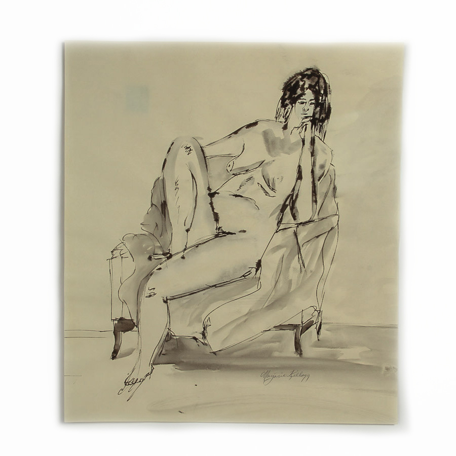 Marjorie Kellogg Ink Wash Drawing on Paper of Seated Female Nude