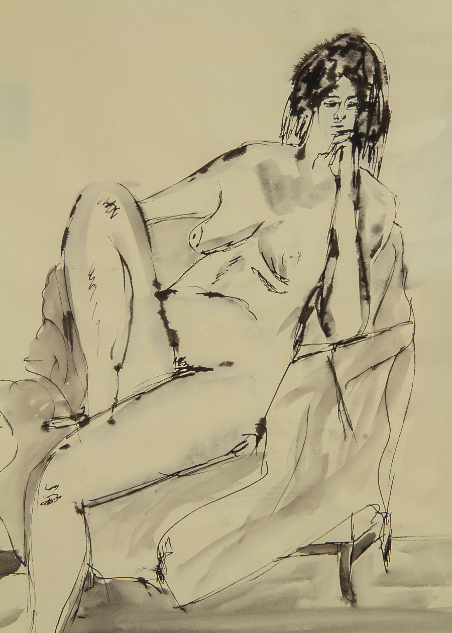 Marjorie Kellogg Ink Wash Drawing on Paper of Seated Female Nude