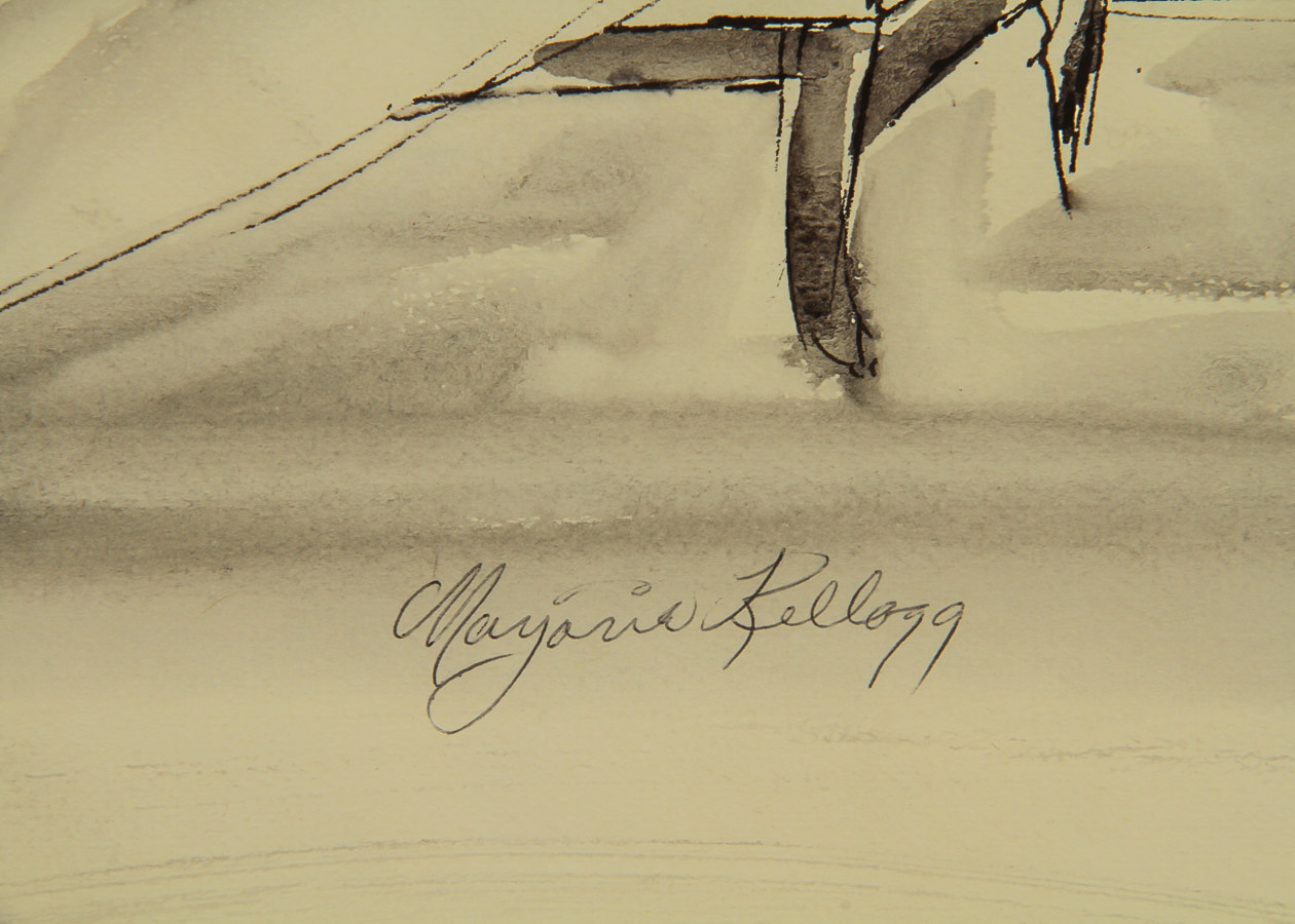 Marjorie Kellogg Ink Wash Drawing on Paper of Seated Female Nude