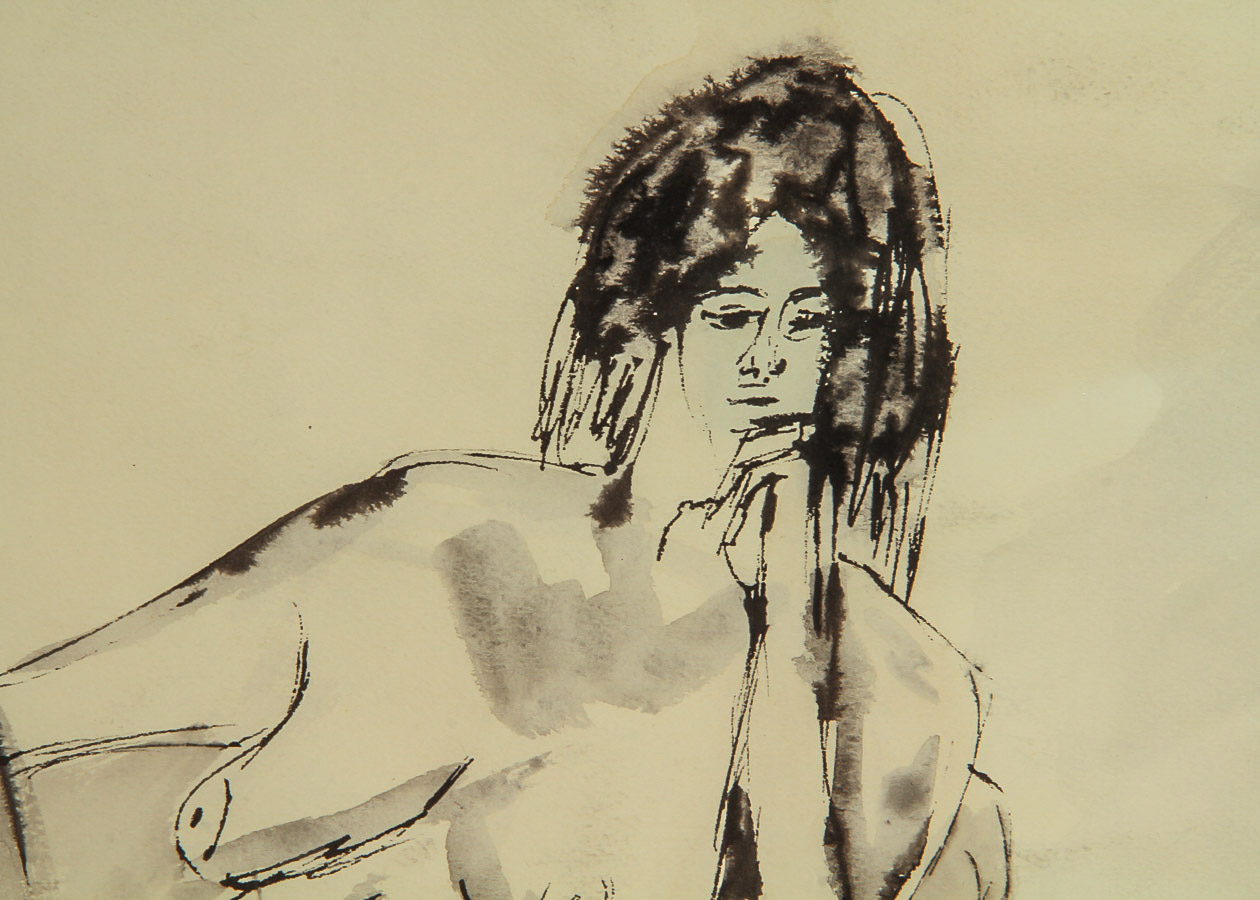 Marjorie Kellogg Ink Wash Drawing on Paper of Seated Female Nude