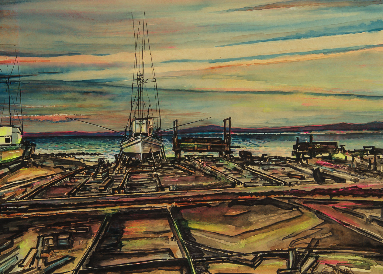 Robert Grimes Watercolor, Pen and Ink Painting on Paper "Docks at Sunset"