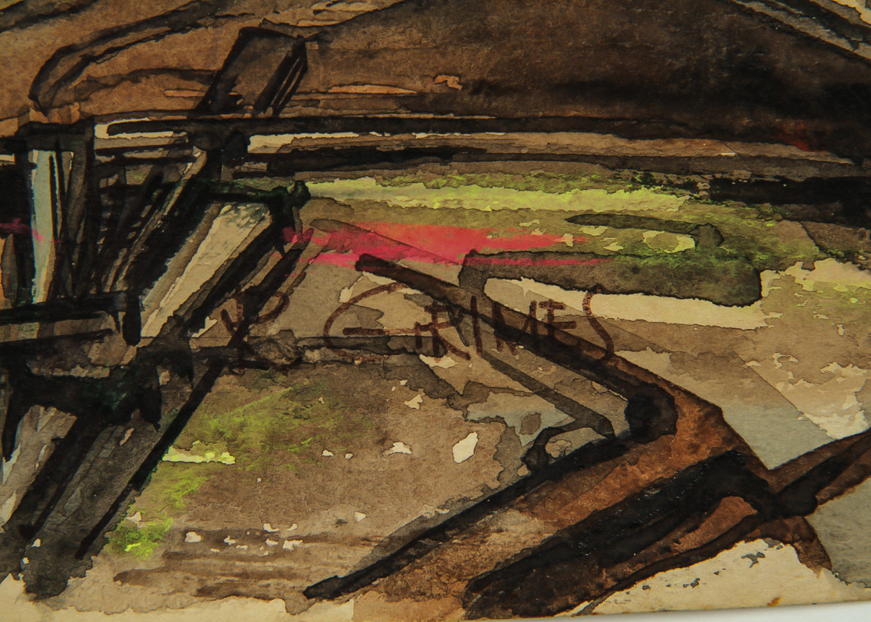 Robert Grimes Watercolor, Pen and Ink Painting on Paper "Docks at Sunset"