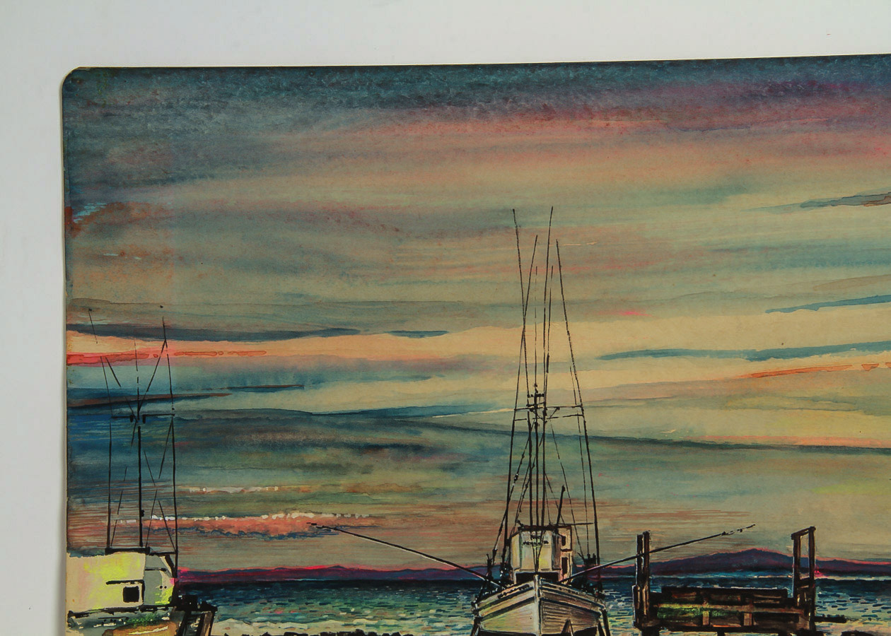 Robert Grimes Watercolor, Pen and Ink Painting on Paper "Docks at Sunset"