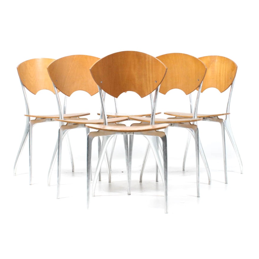 Satin Chrome and Laminated Wood Side Chairs