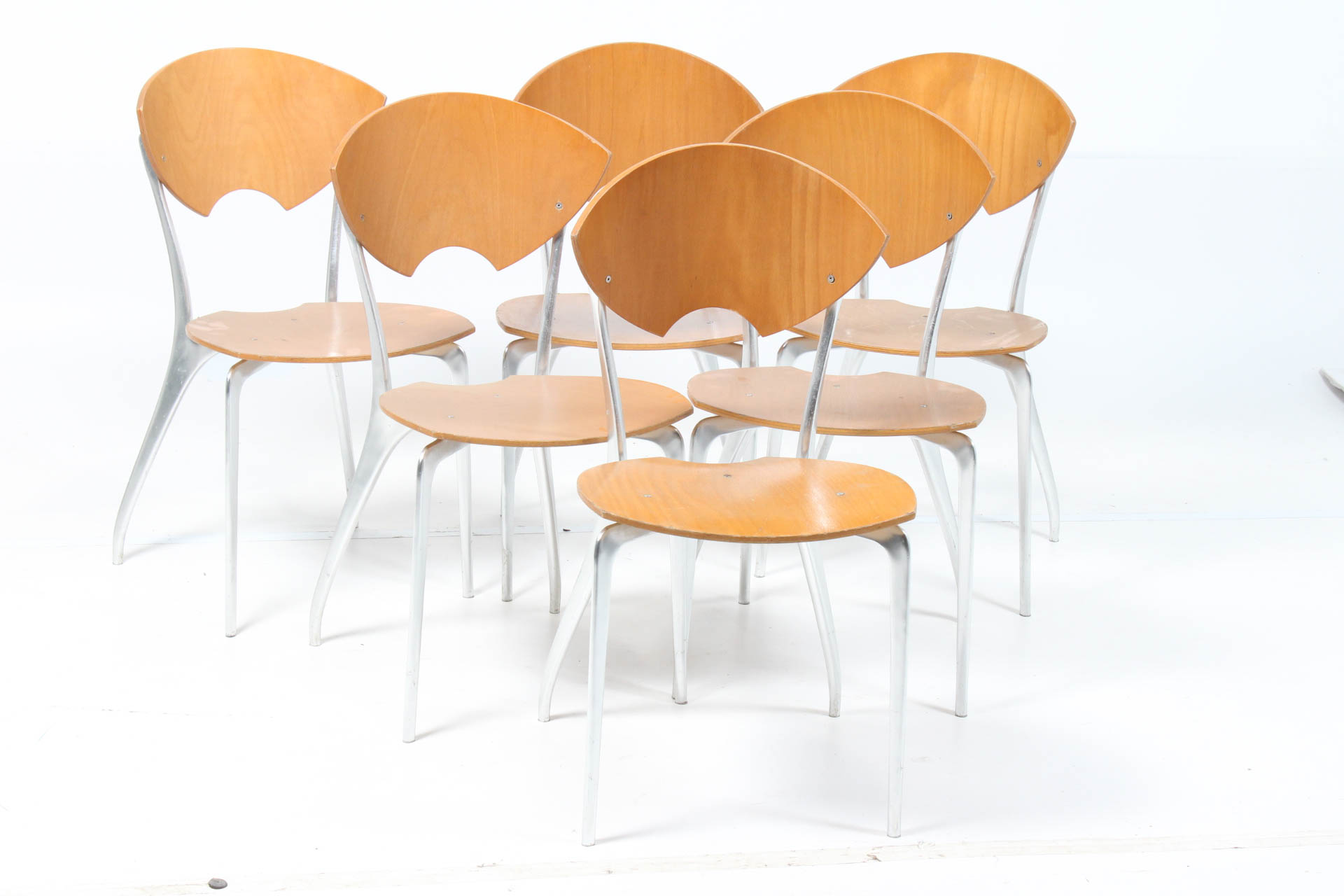Satin Chrome and Laminated Wood Side Chairs