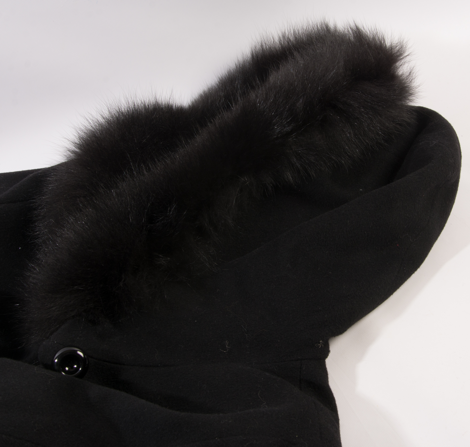 Dale Dressin Floor Length Wool Coat with Dyed Blue Fox Fur Hood