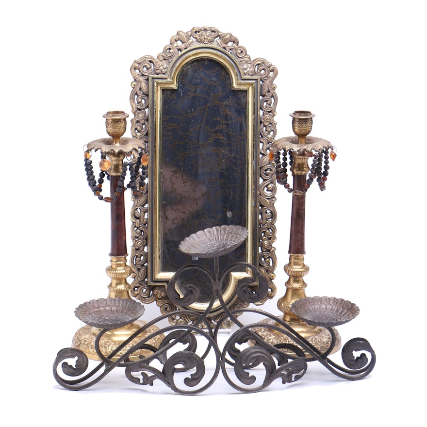 Ornate Brass Décor and Wrought Iron Candle Stand