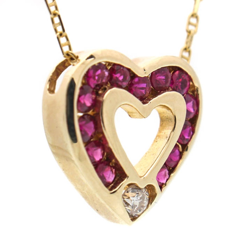 14K Yellow Gold Diamond Natural Ruby Heart Pendant Necklace
