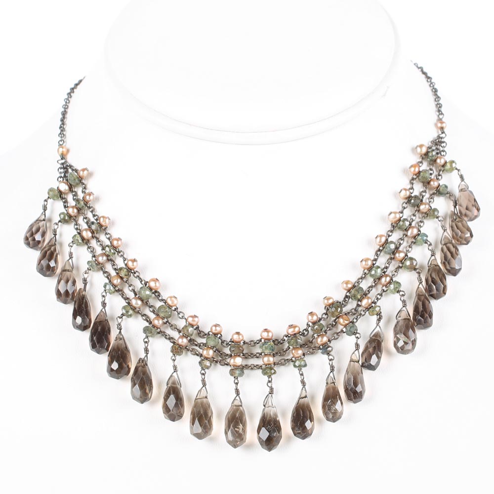 Oxidized Sterling Silver Smoky Quartz, Peridot and Freshwater Pearl Choker Necklace