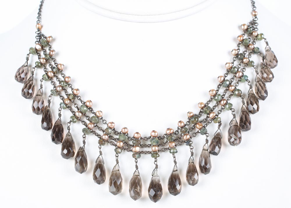 Oxidized Sterling Silver Smoky Quartz, Peridot and Freshwater Pearl Choker Necklace