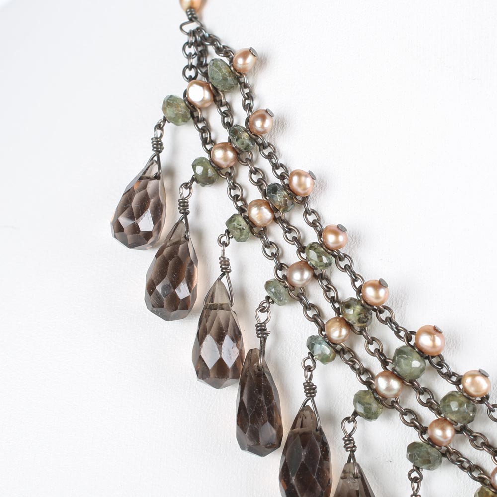 Oxidized Sterling Silver Smoky Quartz, Peridot and Freshwater Pearl Choker Necklace