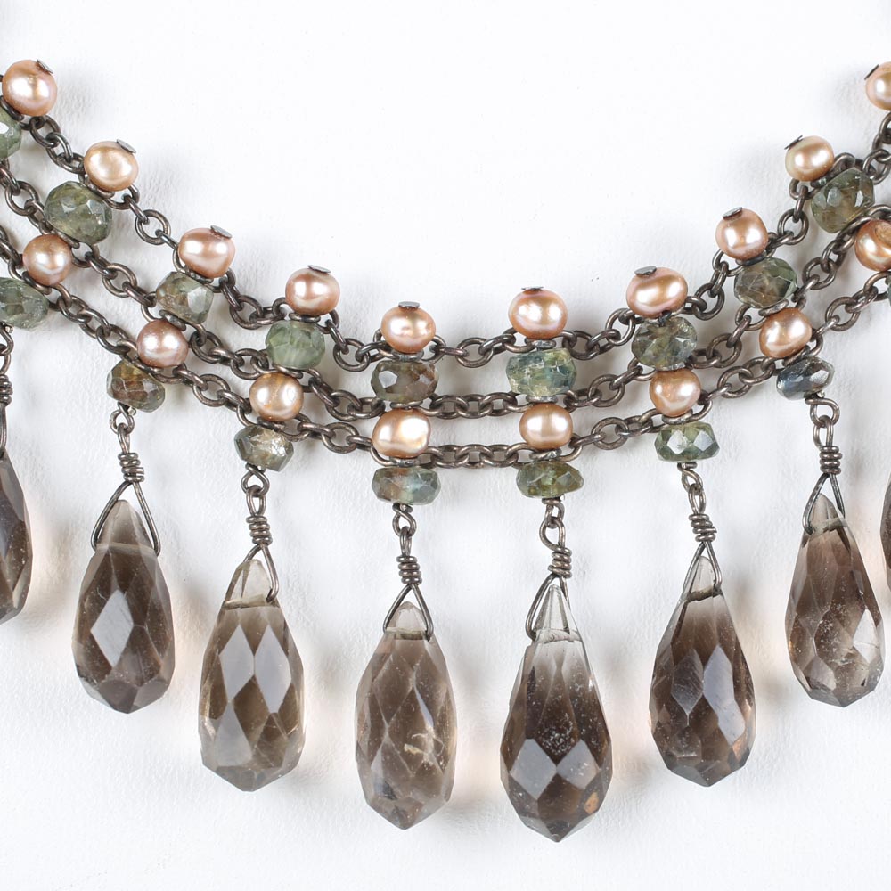 Oxidized Sterling Silver Smoky Quartz, Peridot and Freshwater Pearl Choker Necklace