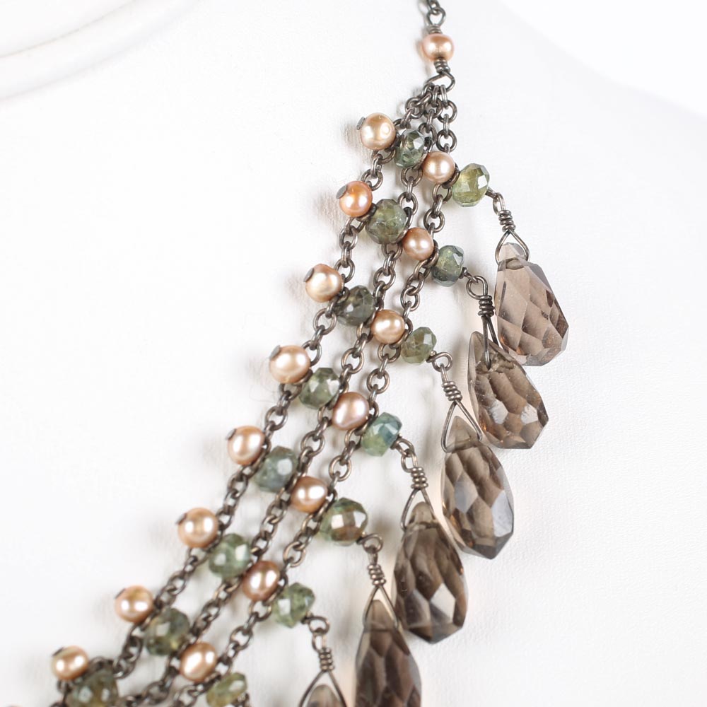 Oxidized Sterling Silver Smoky Quartz, Peridot and Freshwater Pearl Choker Necklace
