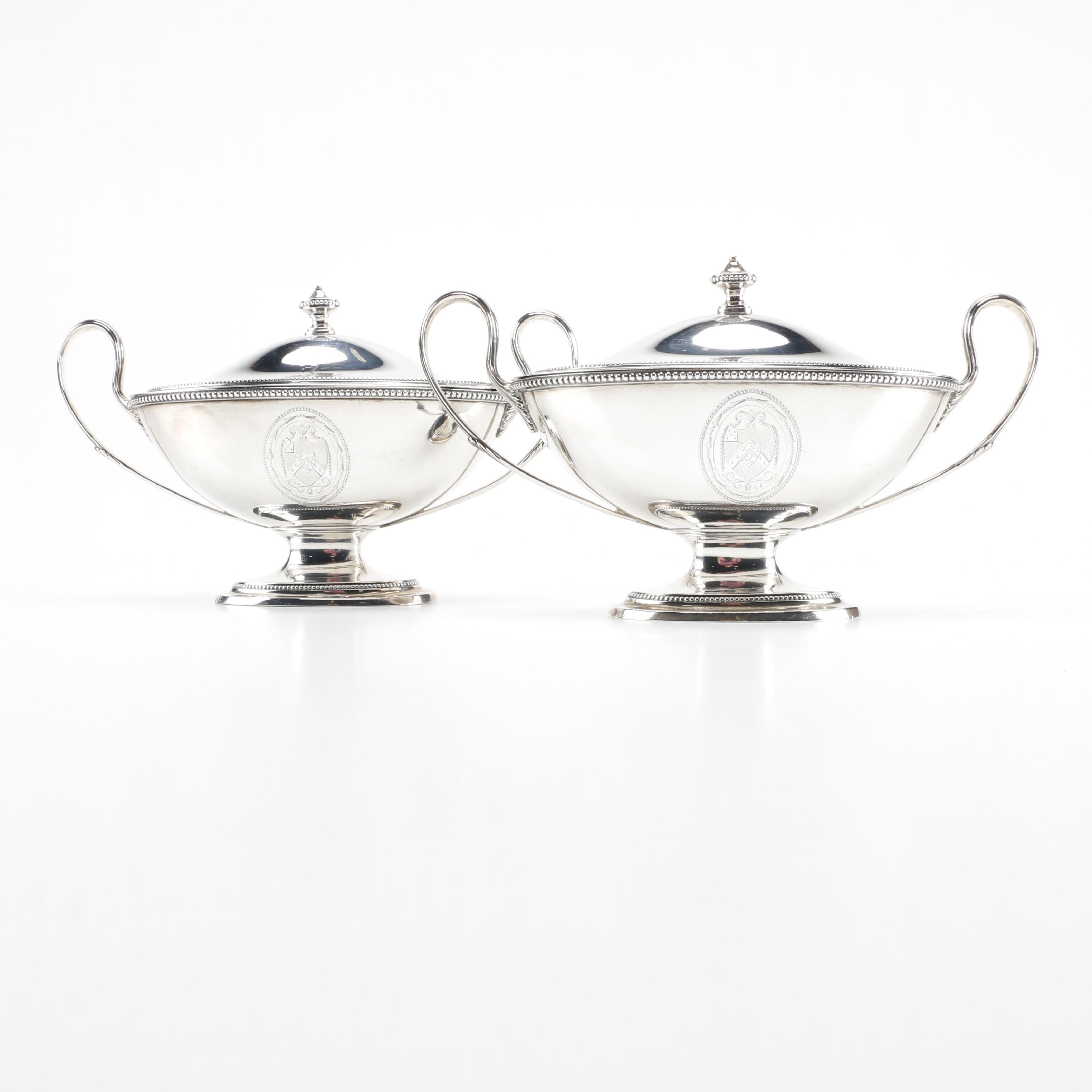 Antique English Sterling Silver Sauce Tureens With Child Family Crest