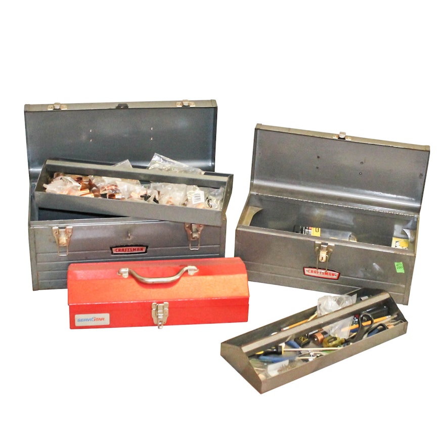 Assortment of Metal Toolboxes and Hand Tools