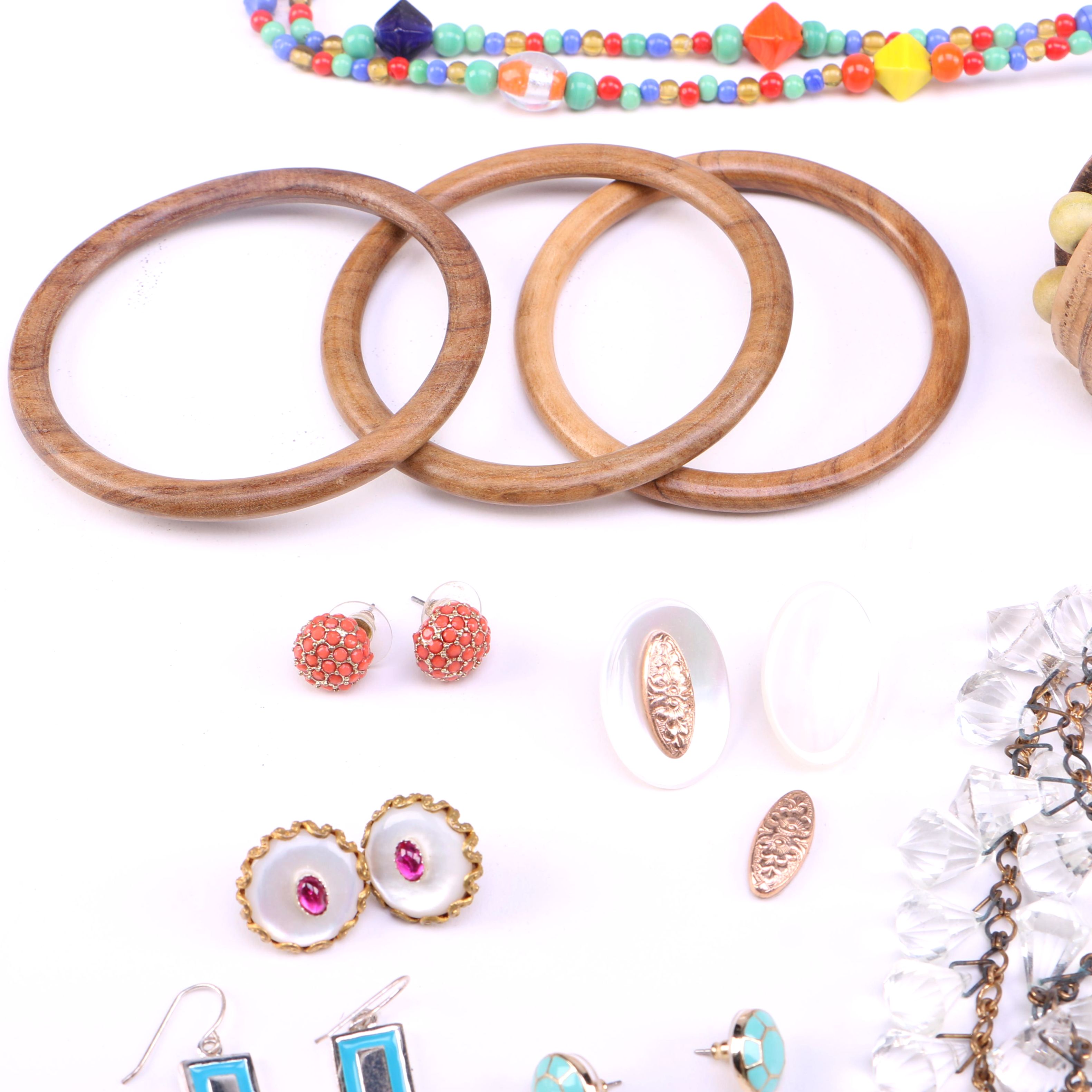 Assorted Costume Jewelry Including Wooden Bracelets