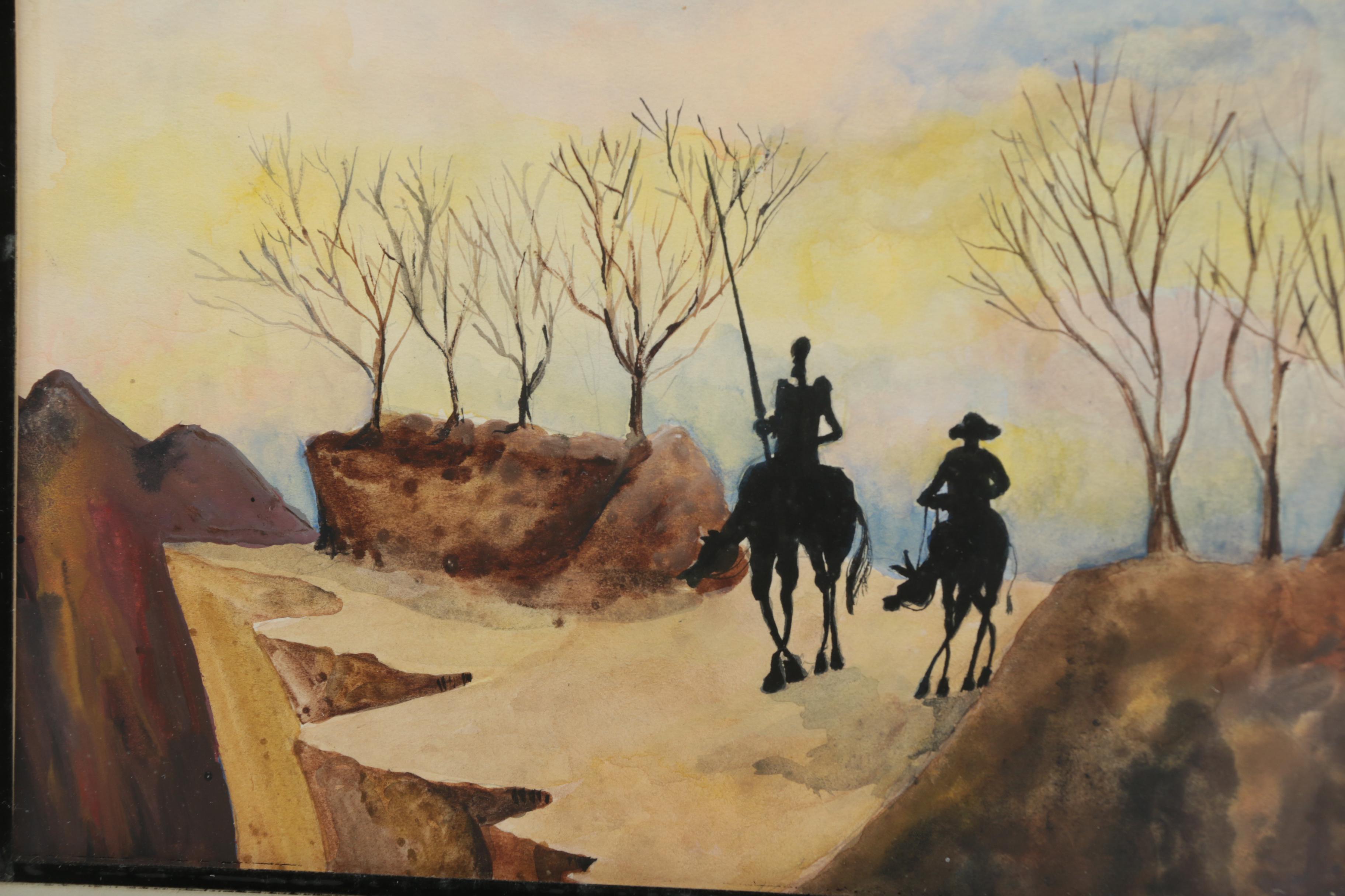 Late 20th-Century Watercolor Painting on Paper of Don Quixote and Sancho Panza