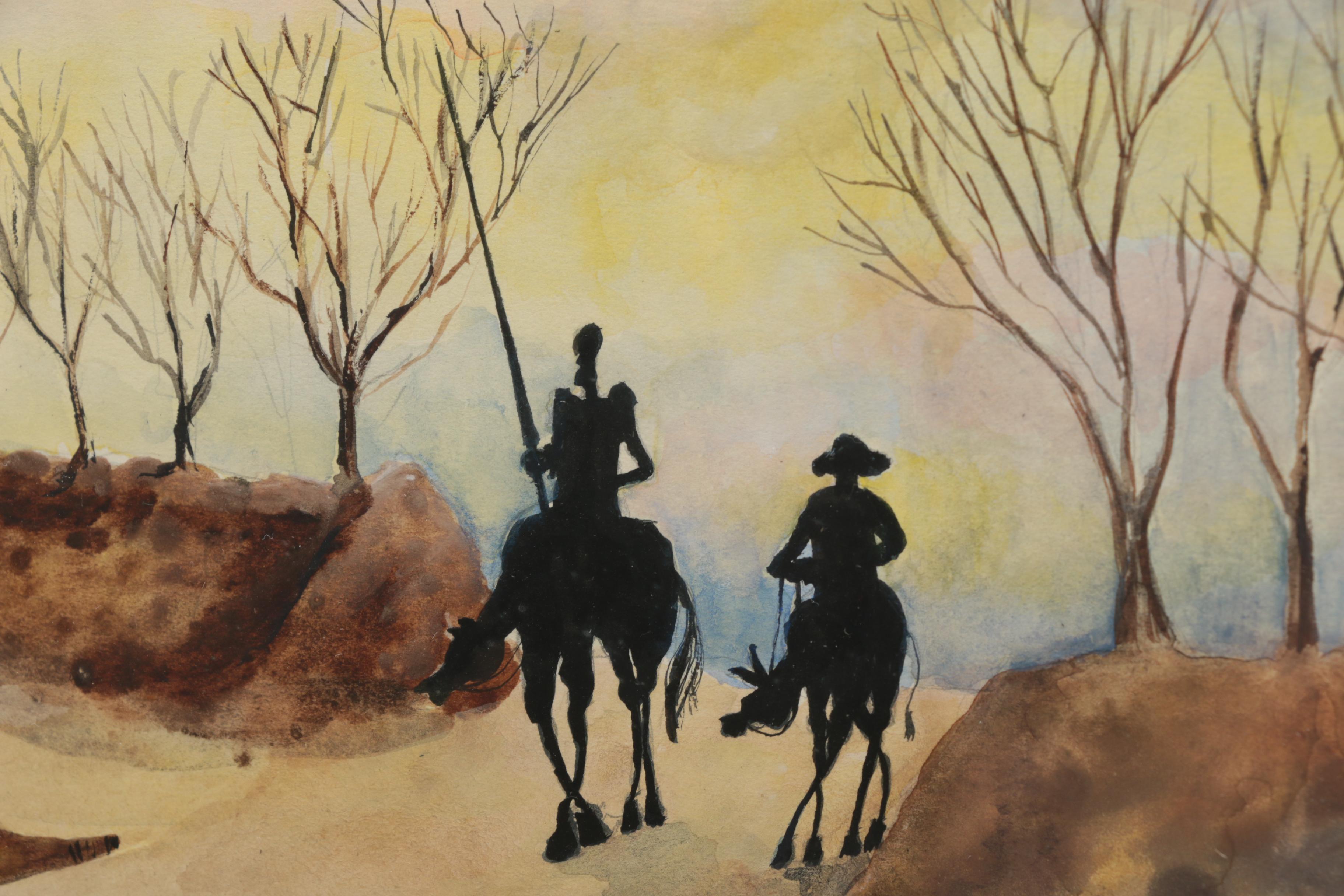 Late 20th-Century Watercolor Painting on Paper of Don Quixote and Sancho Panza