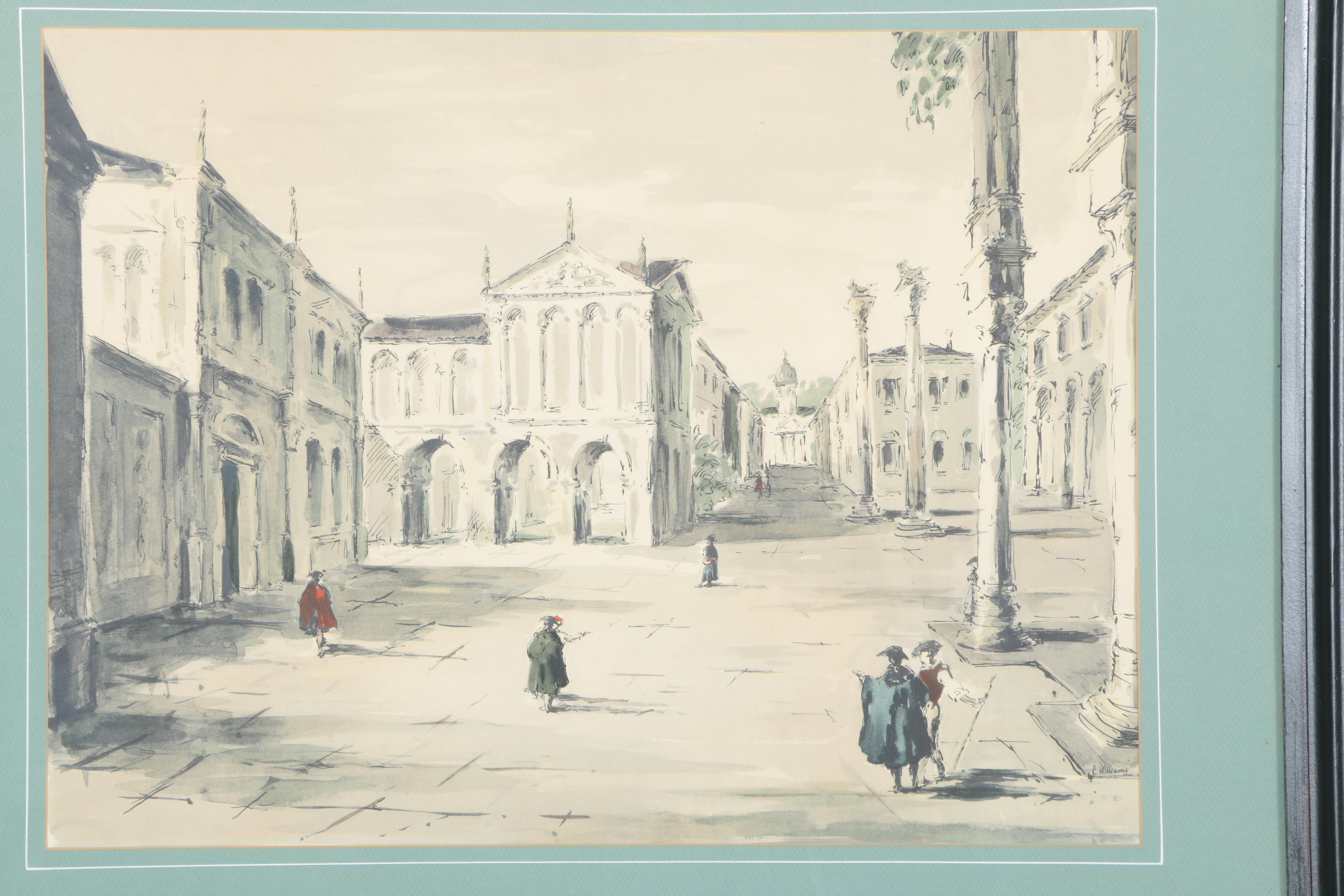 After C. Williams Hand Colored Lithograph on Paper "Landscape with Arcade"