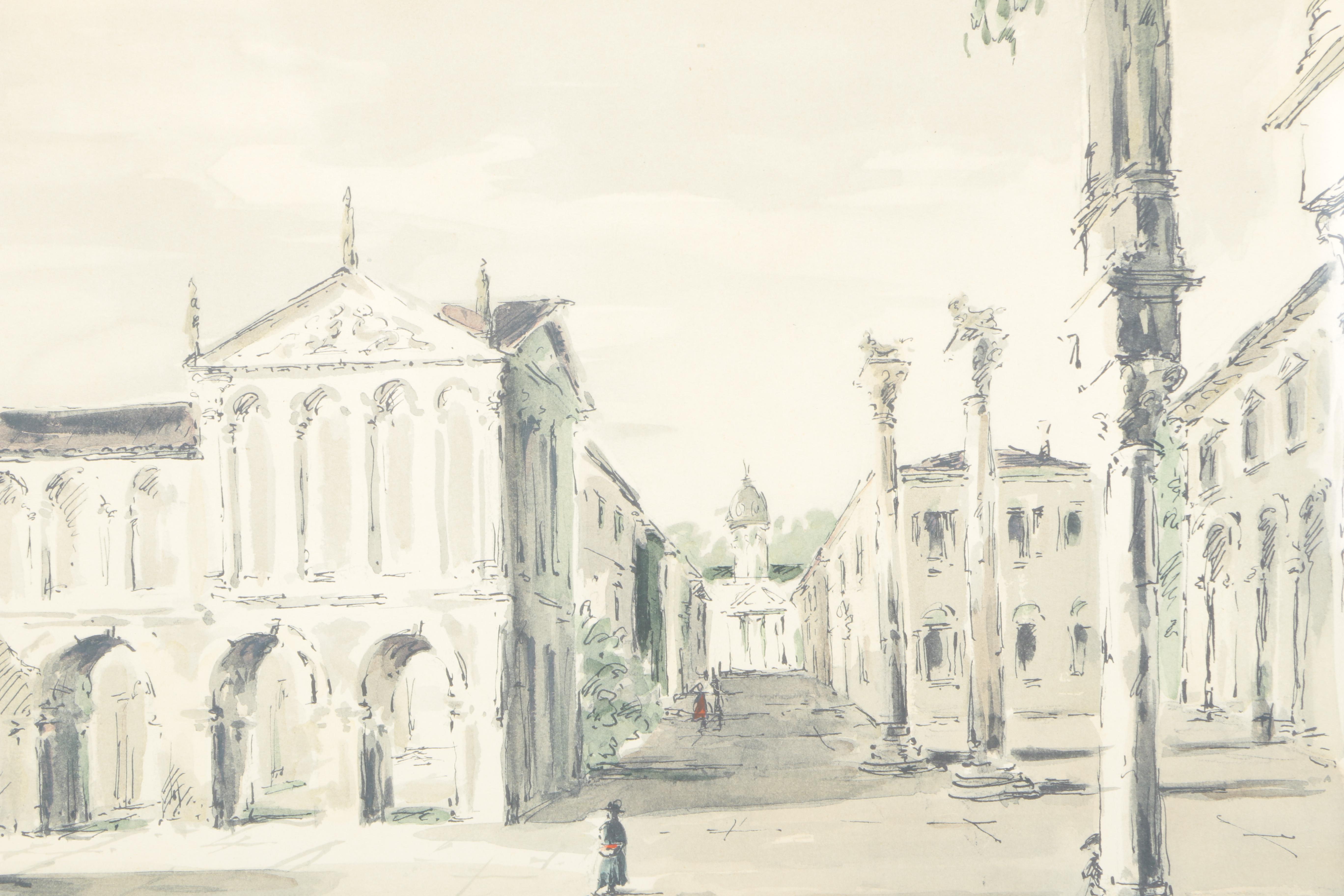 After C. Williams Hand Colored Lithograph on Paper "Landscape with Arcade"