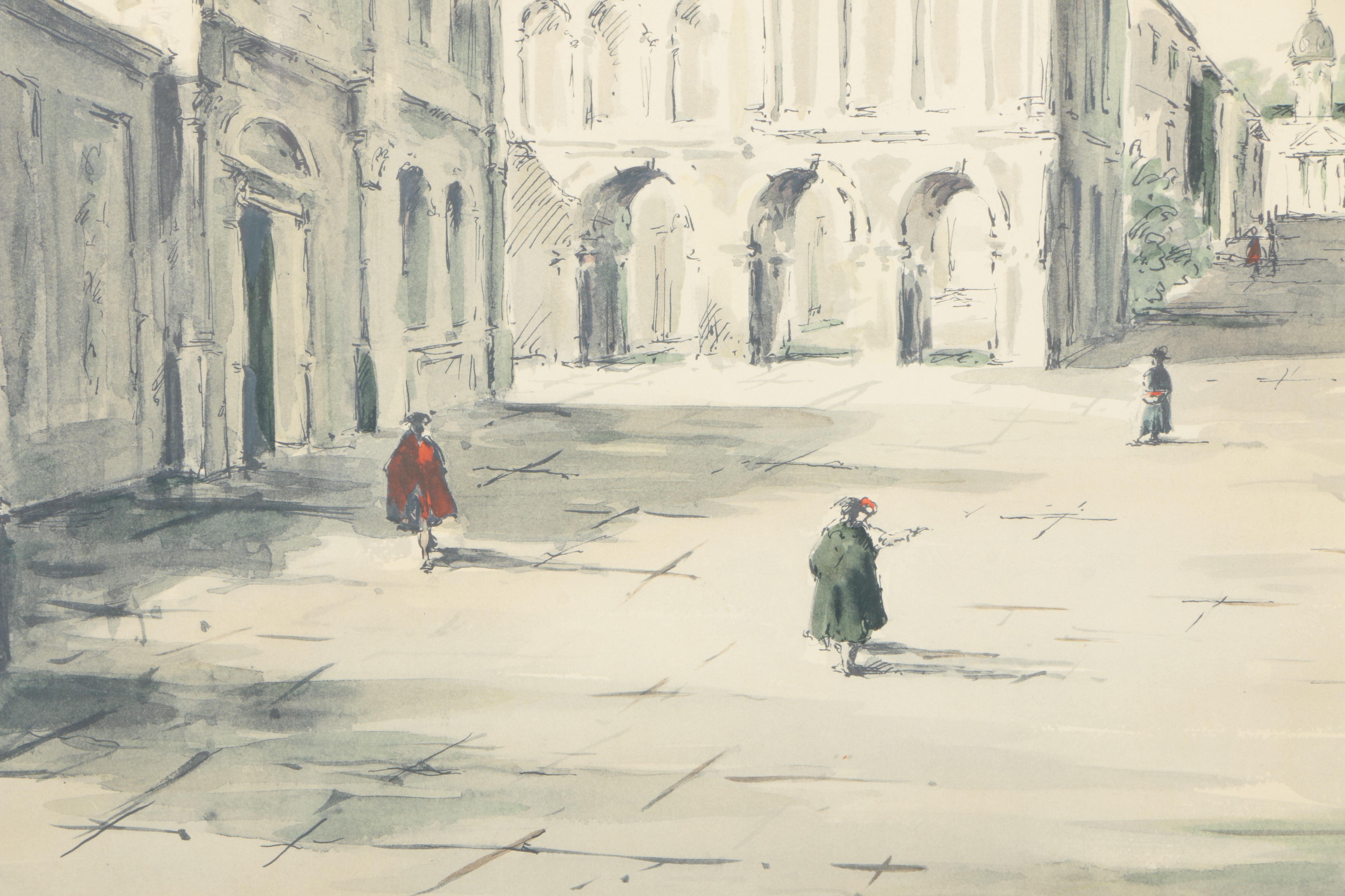 After C. Williams Hand Colored Lithograph on Paper "Landscape with Arcade"