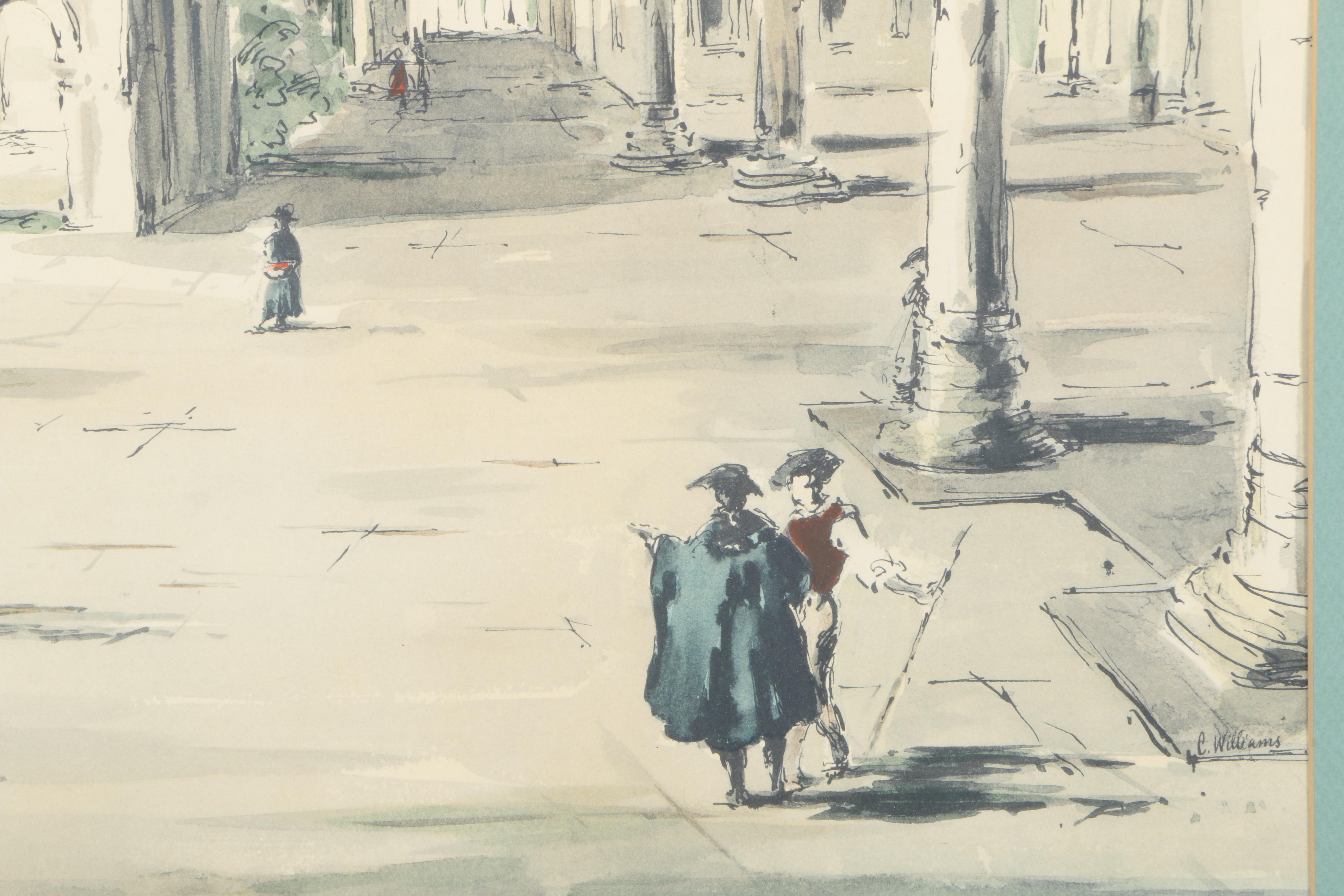 After C. Williams Hand Colored Lithograph on Paper "Landscape with Arcade"