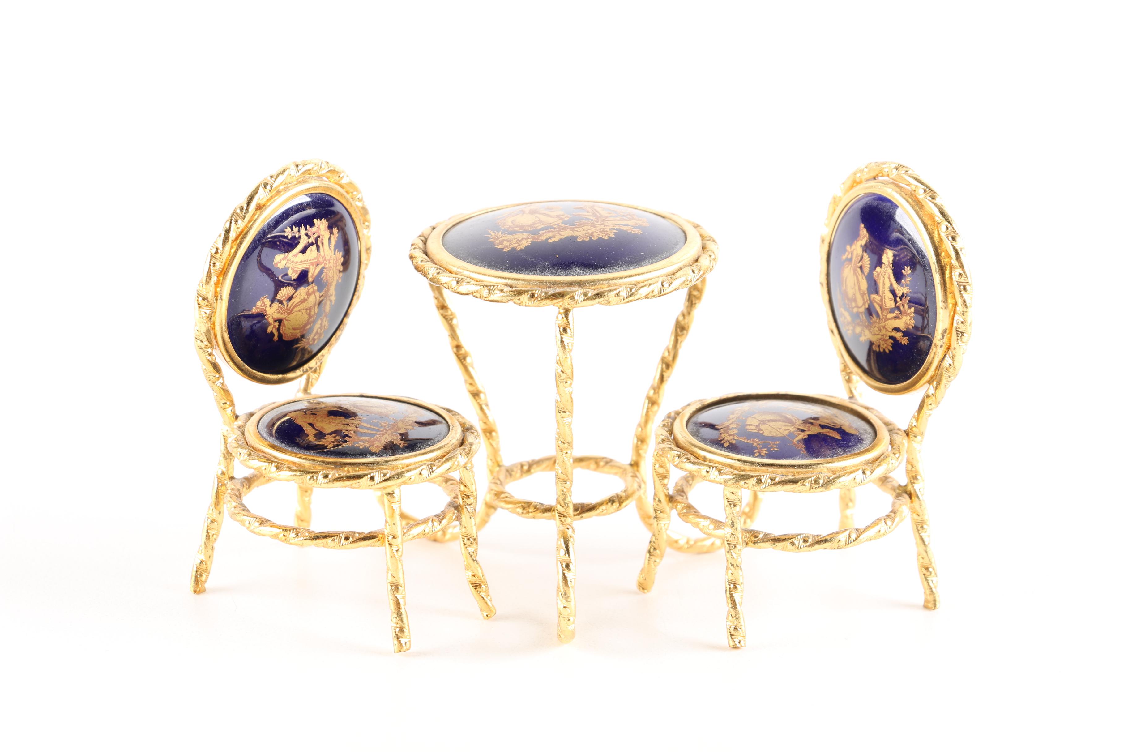 Limoges Miniature Cobalt Blue Table and Chairs