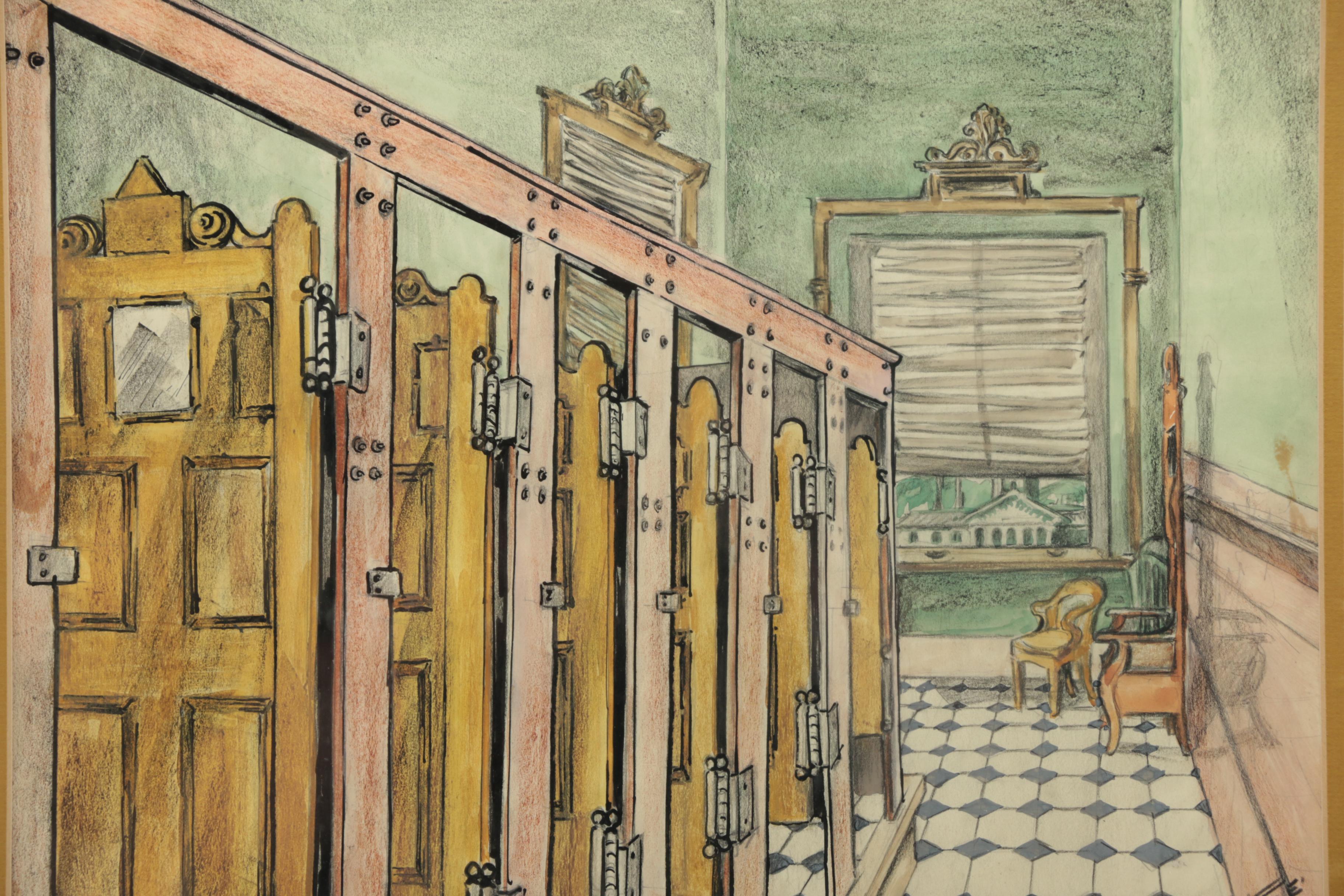 Muriel Vincent Sibell Wolle Mixed Media Drawing on Paper "Women. State Capital, Colorado"