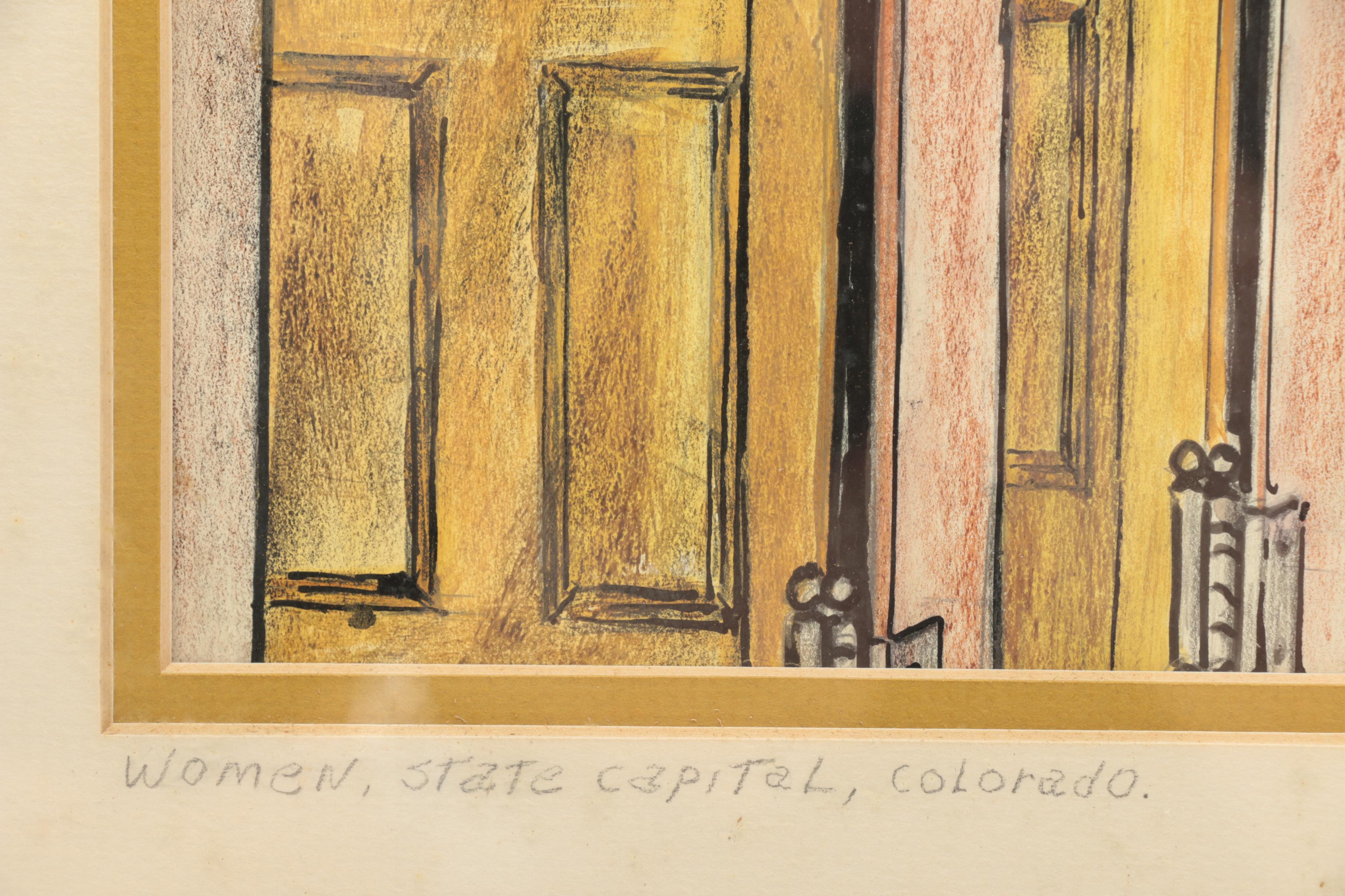Muriel Vincent Sibell Wolle Mixed Media Drawing on Paper "Women. State Capital, Colorado"