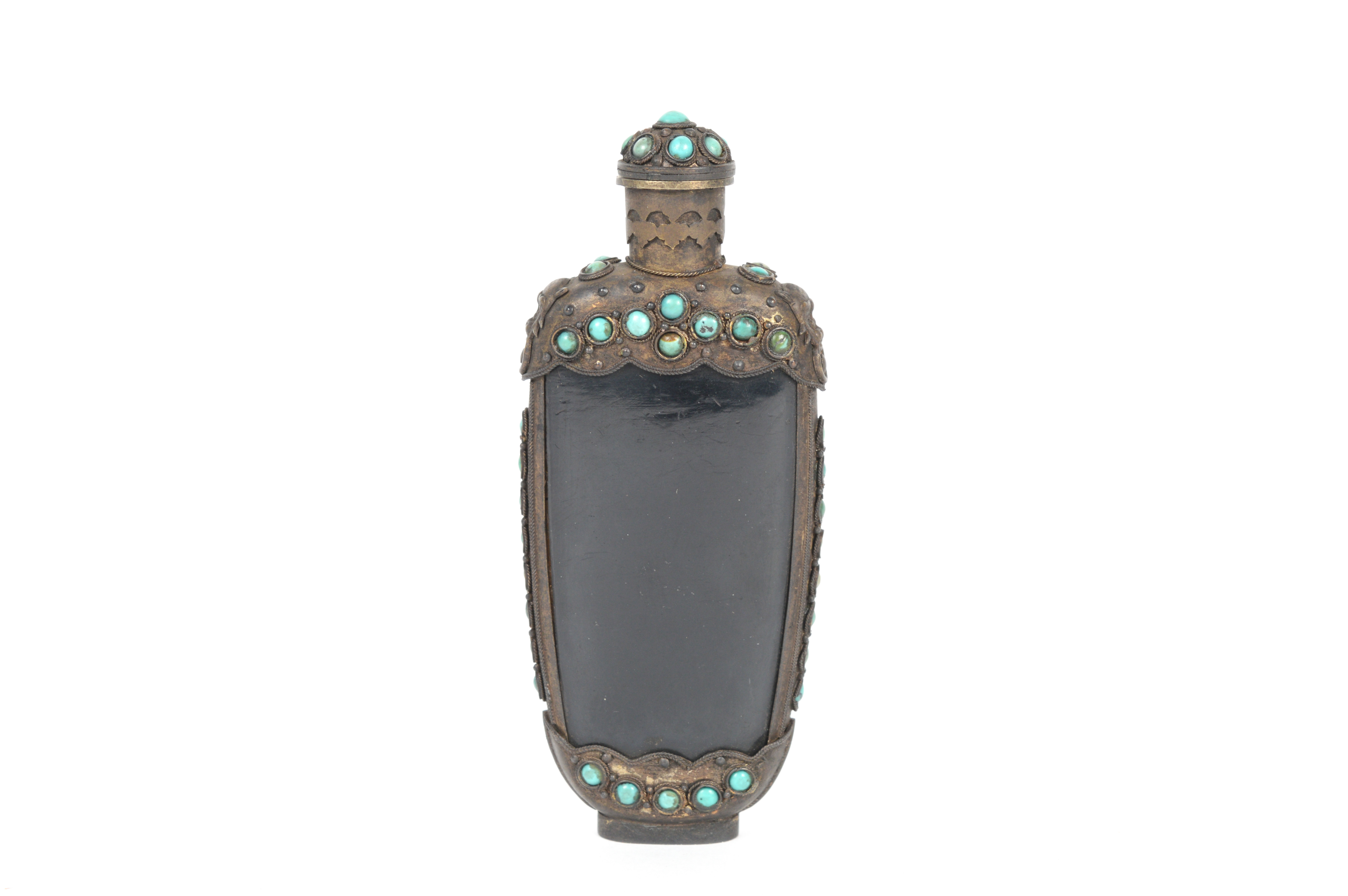 Antique Brass and Bone Snuff Bottle With Turquoise Accents