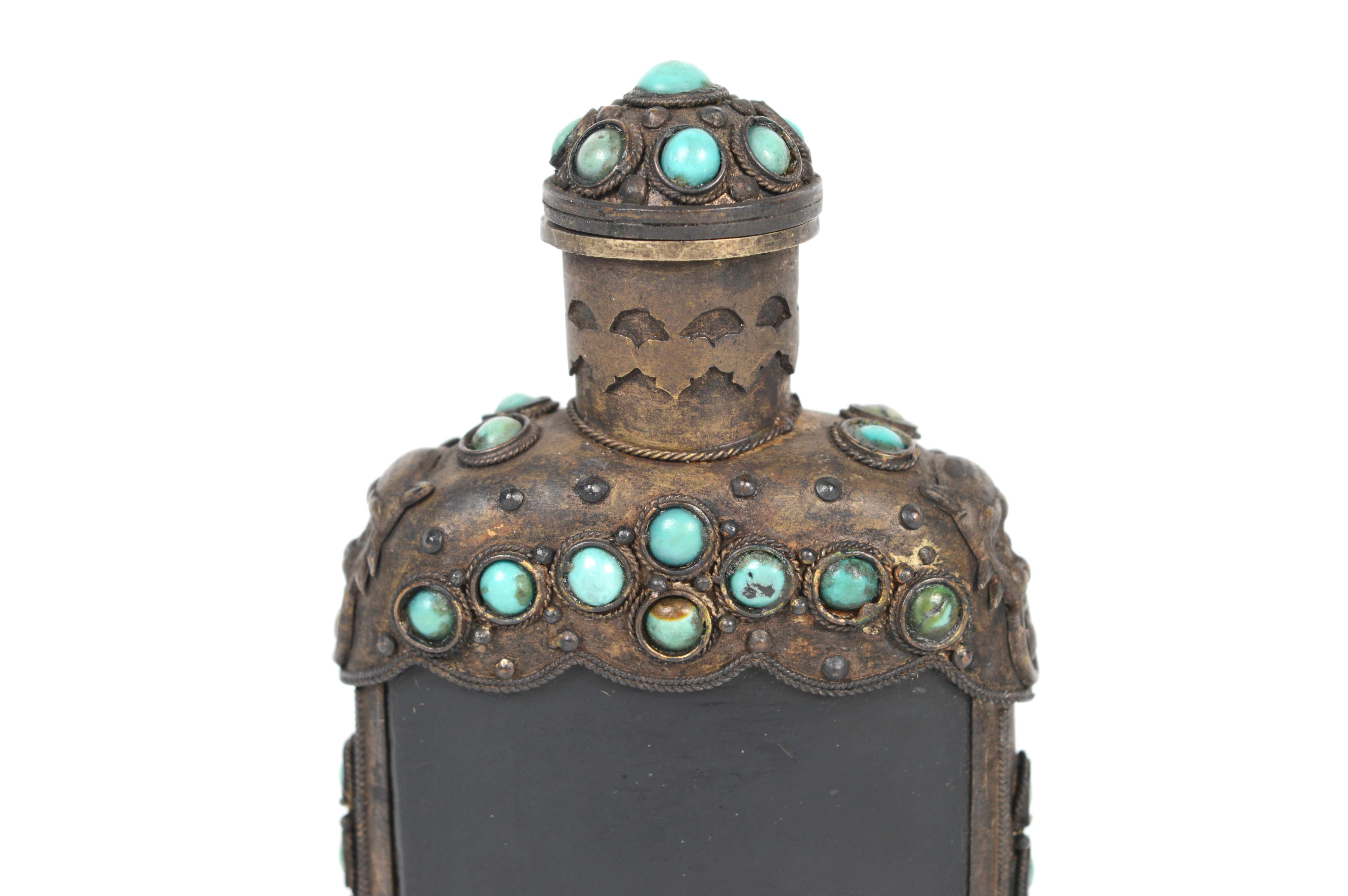 Antique Brass and Bone Snuff Bottle With Turquoise Accents