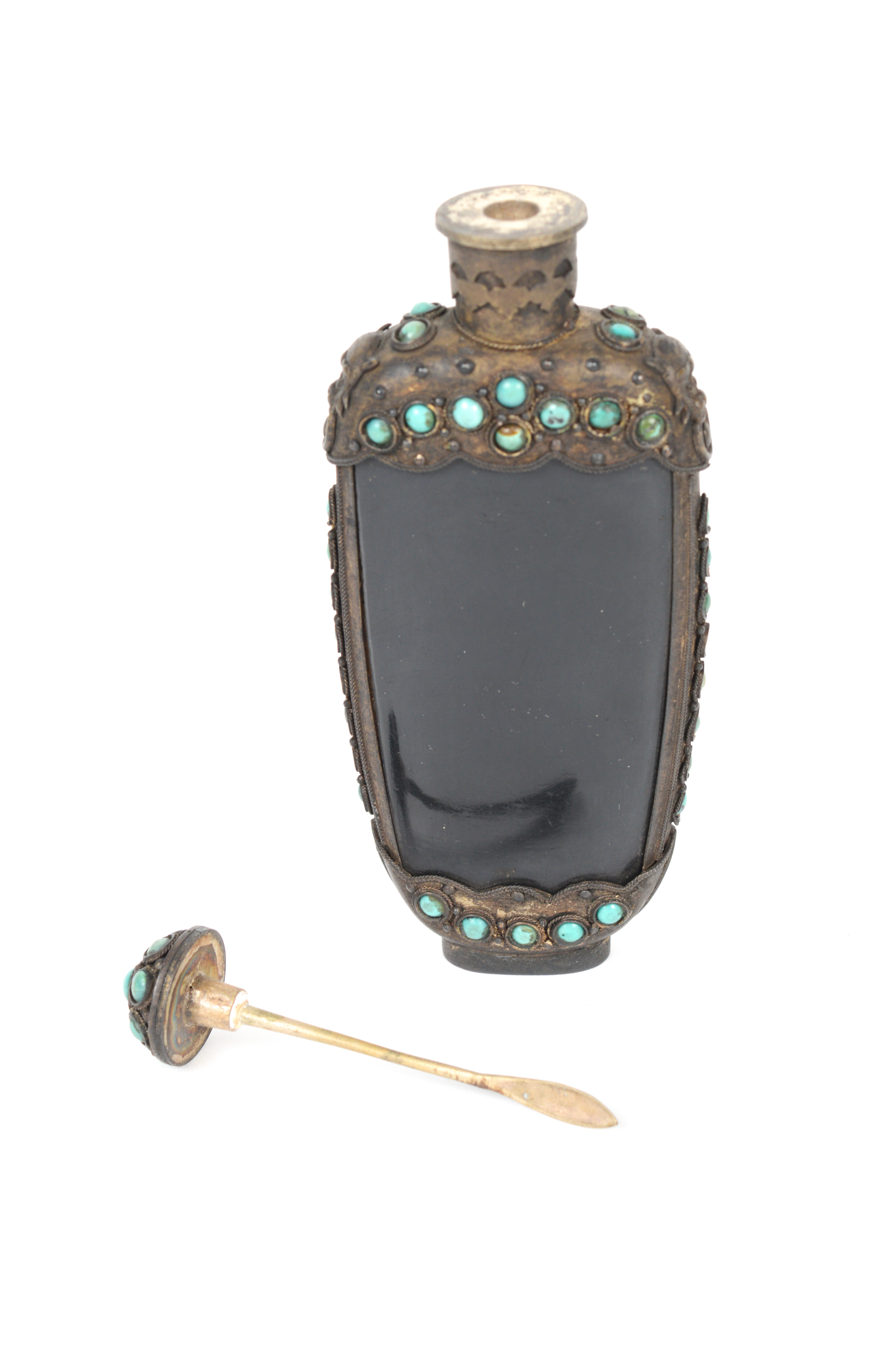 Antique Brass and Bone Snuff Bottle With Turquoise Accents