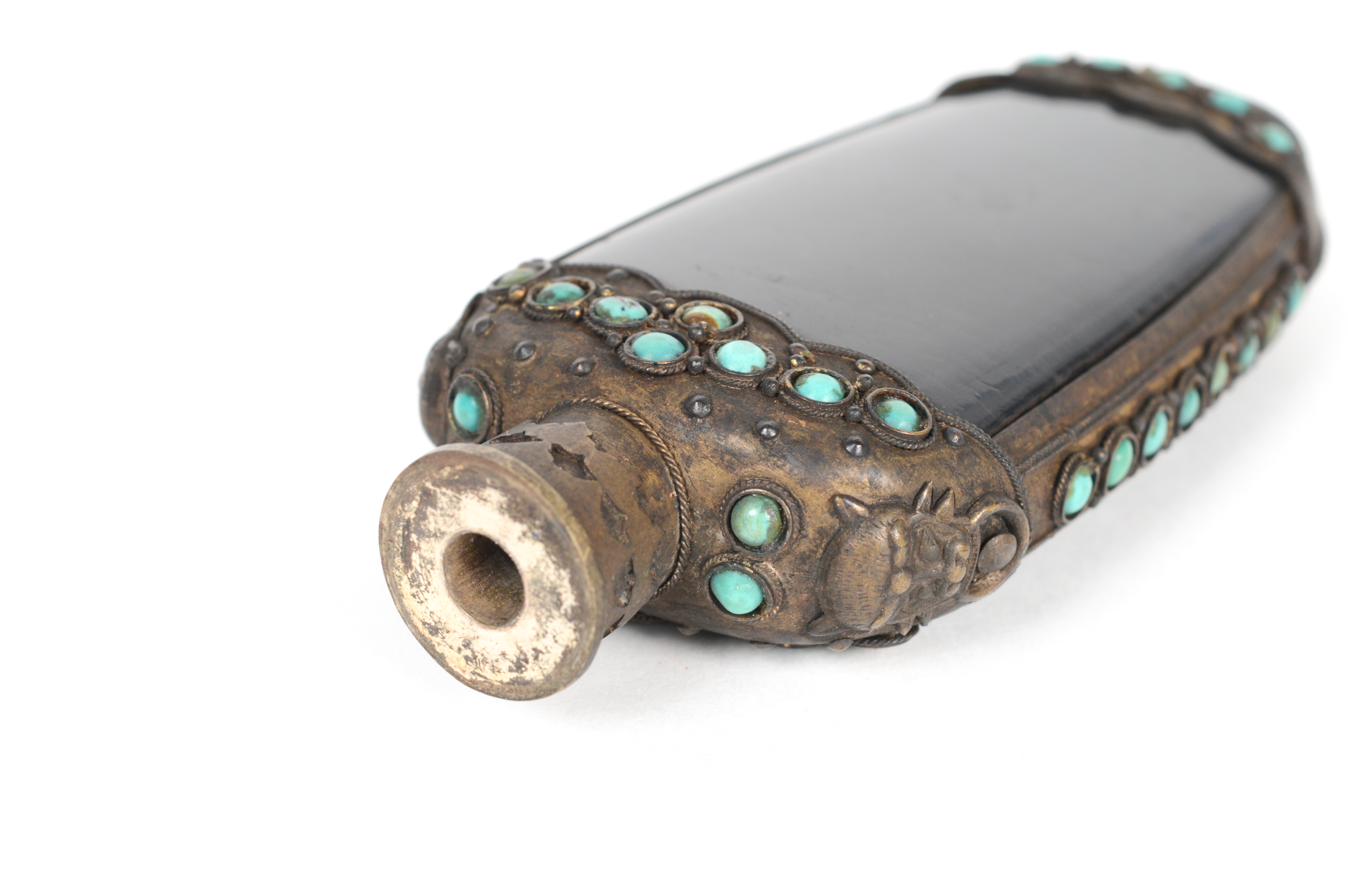 Antique Brass and Bone Snuff Bottle With Turquoise Accents