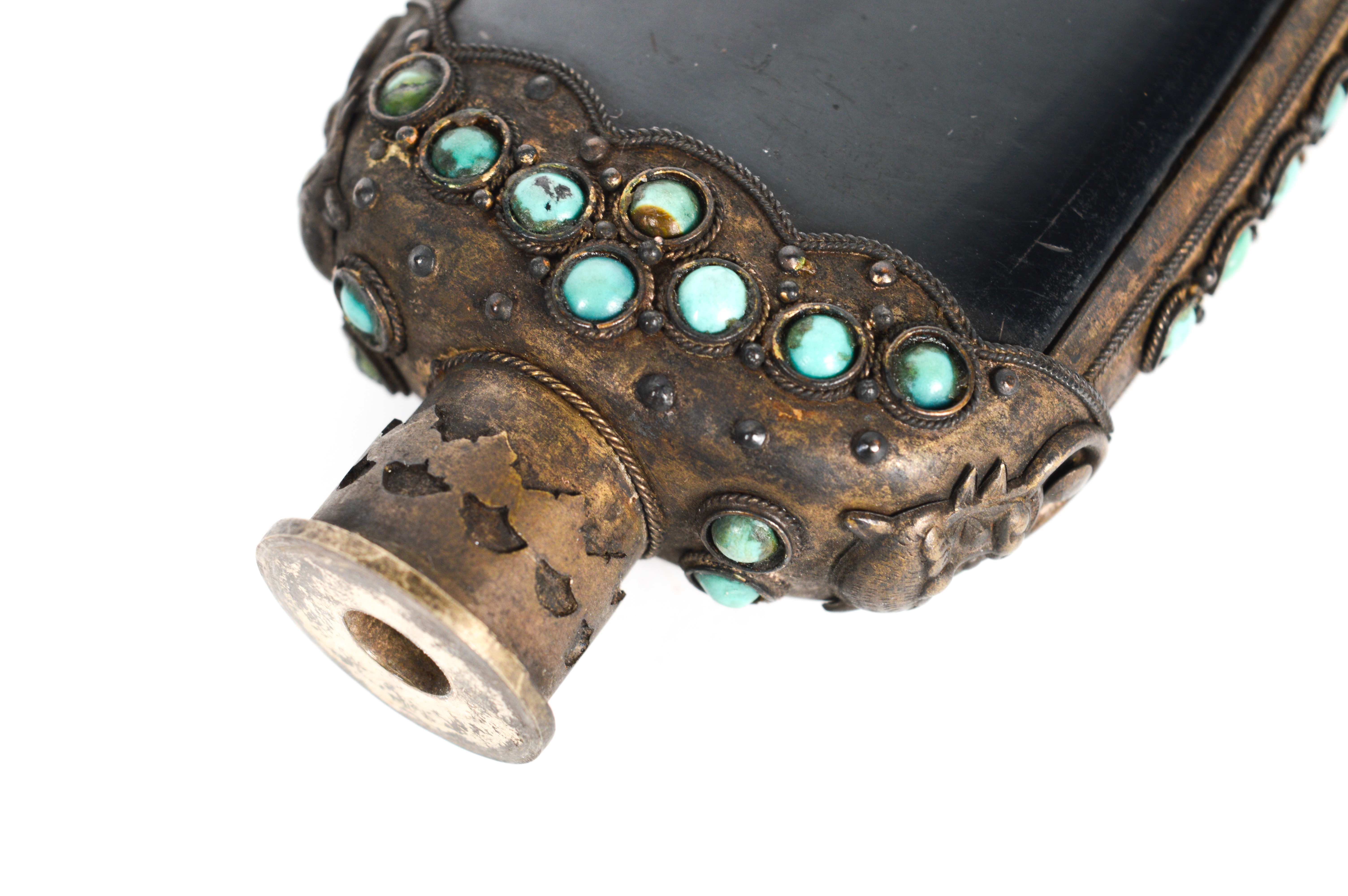 Antique Brass and Bone Snuff Bottle With Turquoise Accents