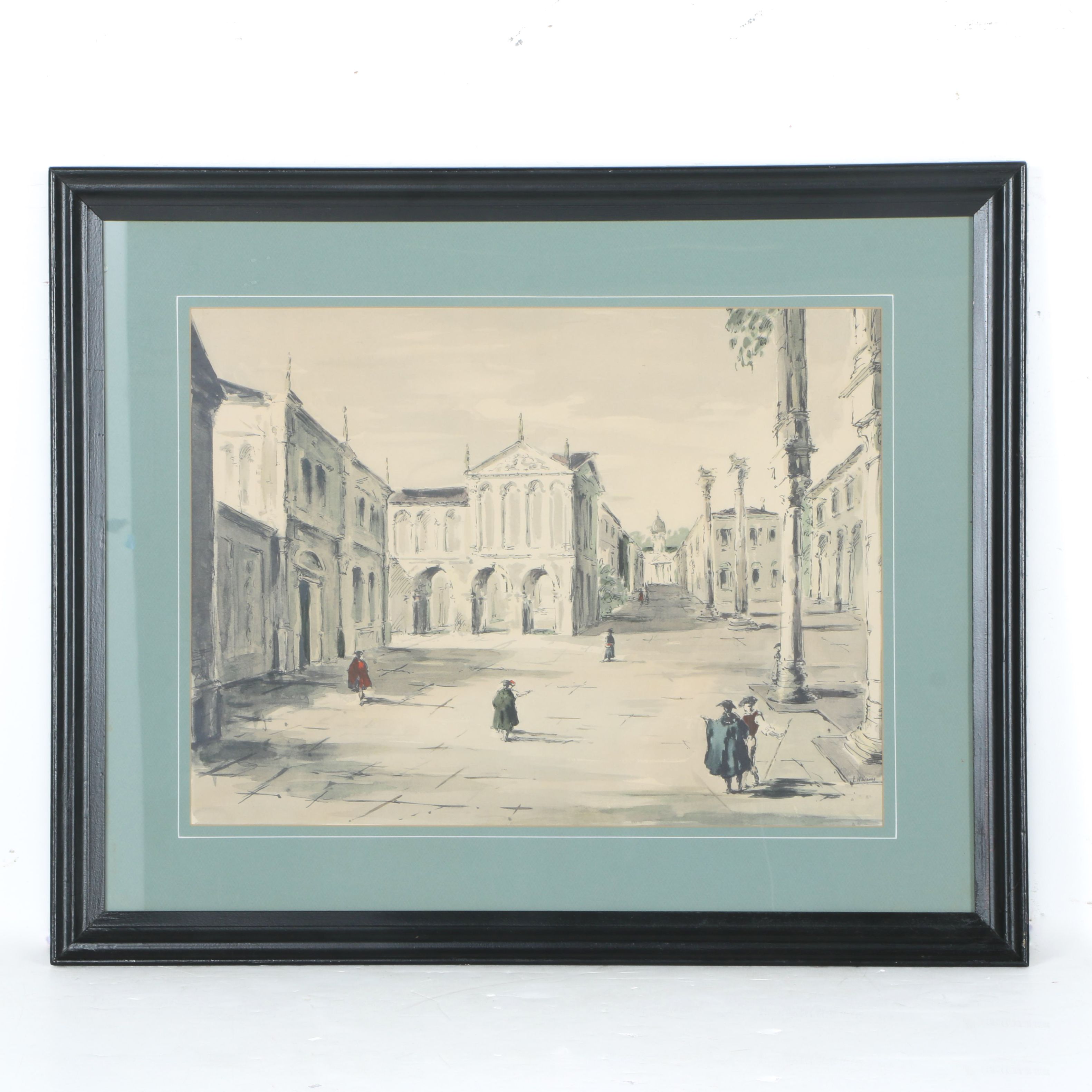 After C. Williams Hand Colored Lithograph on Paper "Landscape with Arcade"