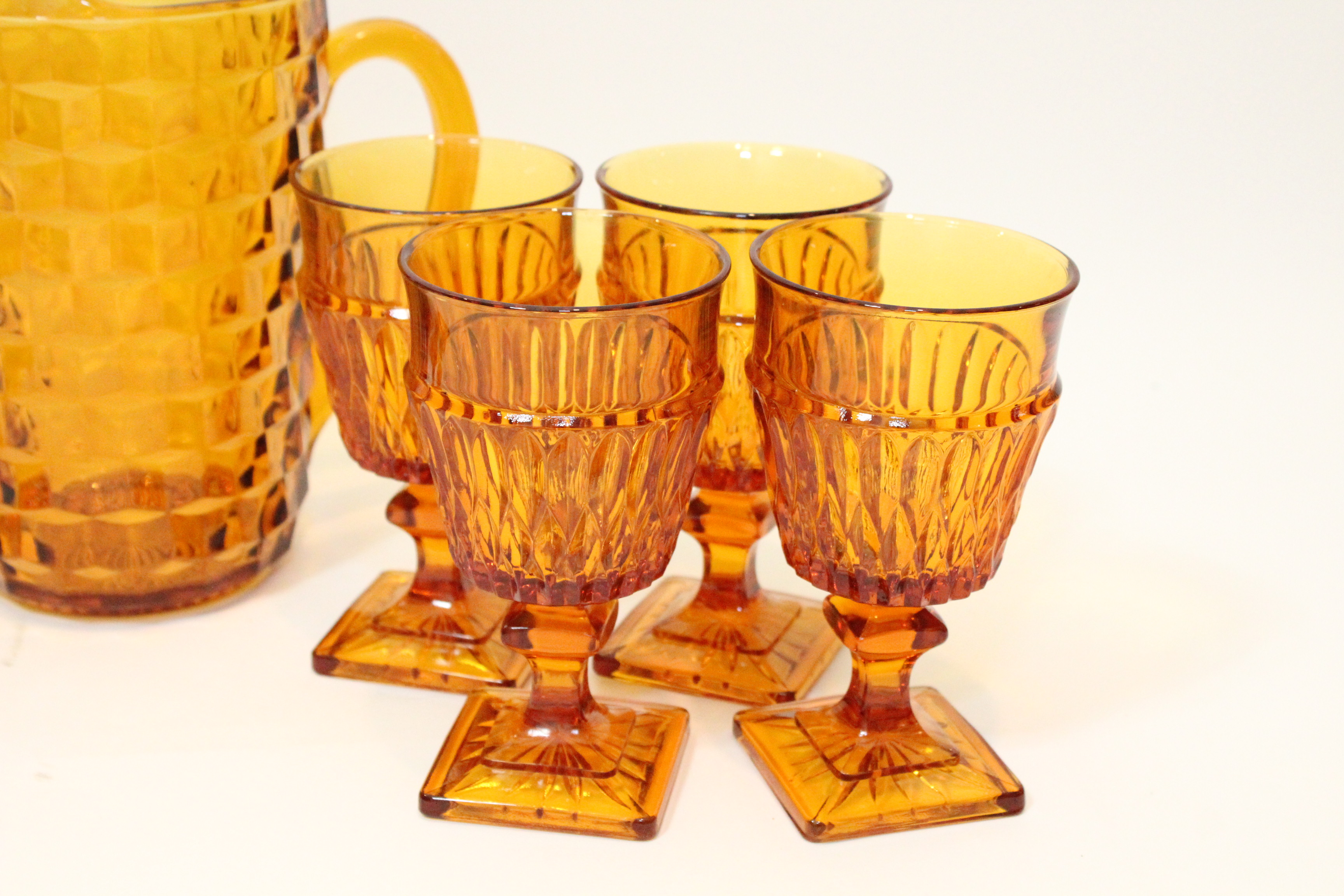 Vintage Orange Glass Goblet and Pitcher Set