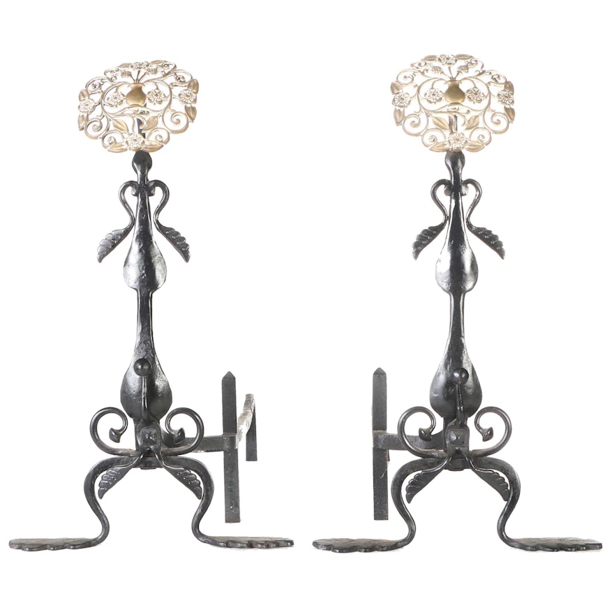 Vintage Cast Iron and Brass Andirons