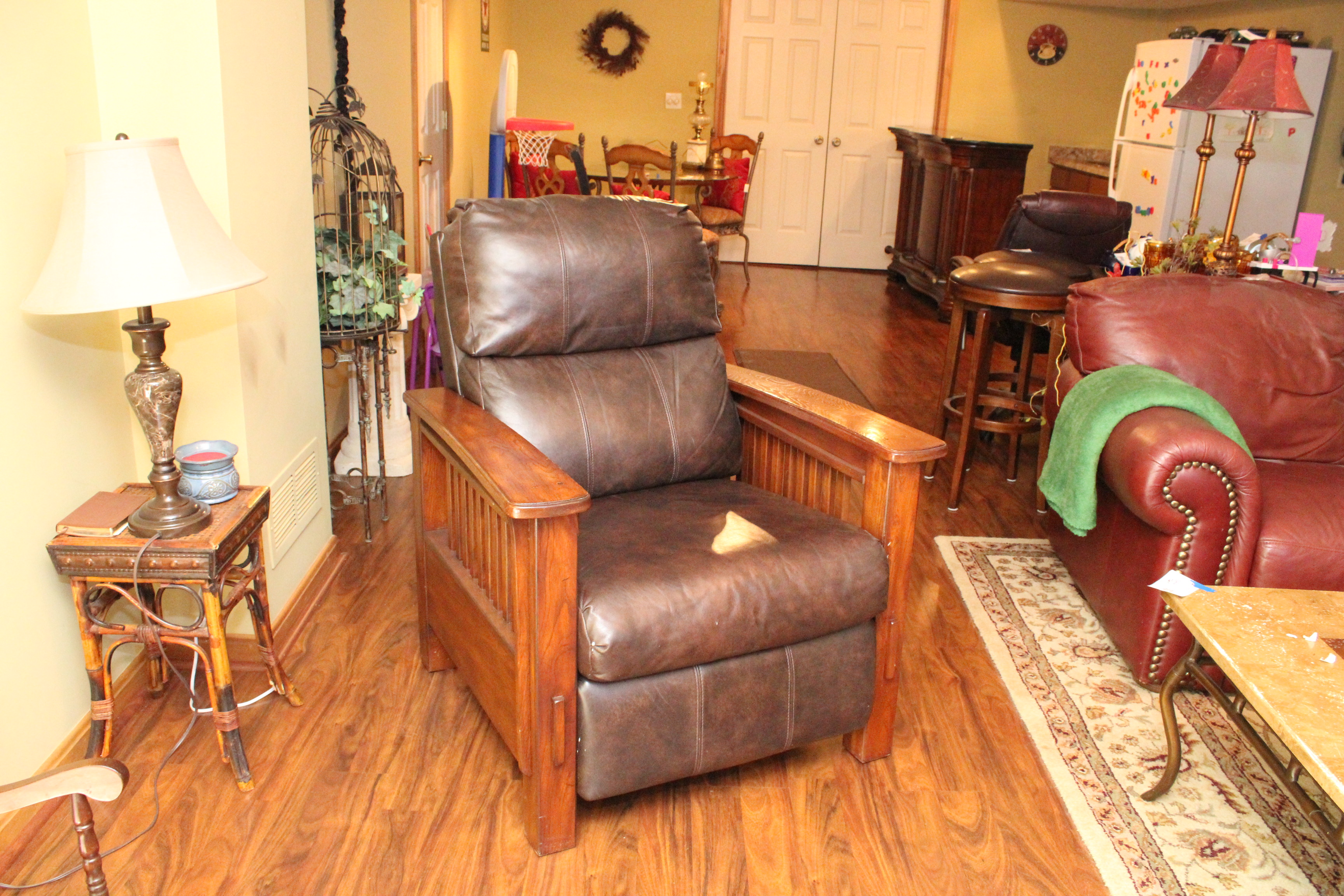 Wooden and Brown Leather Reclining Chair