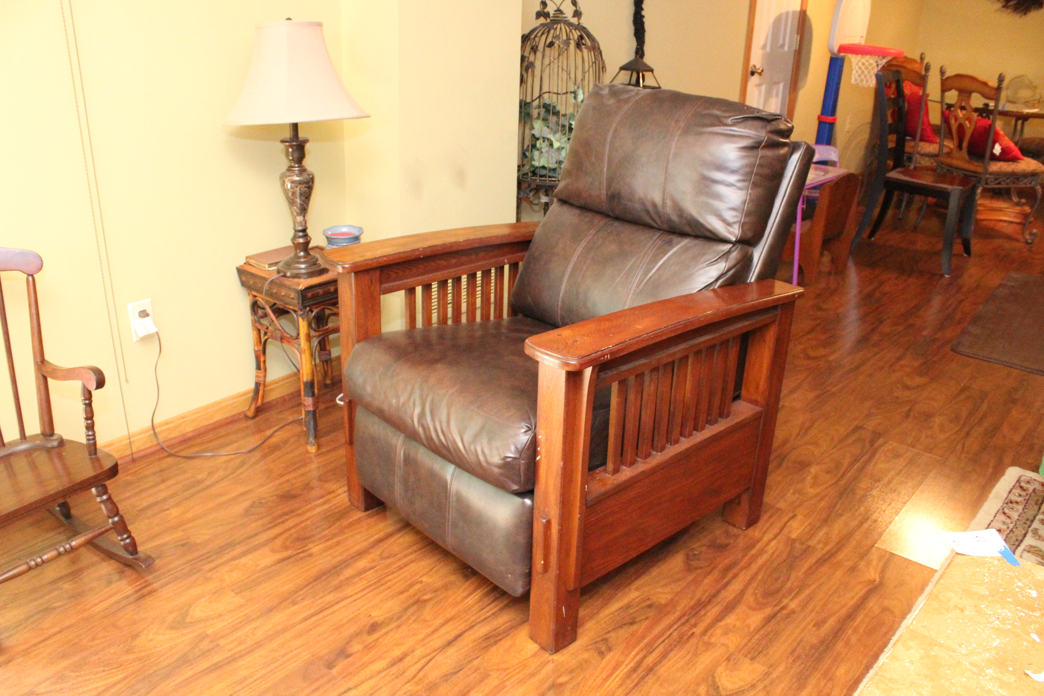 Wooden and Brown Leather Reclining Chair