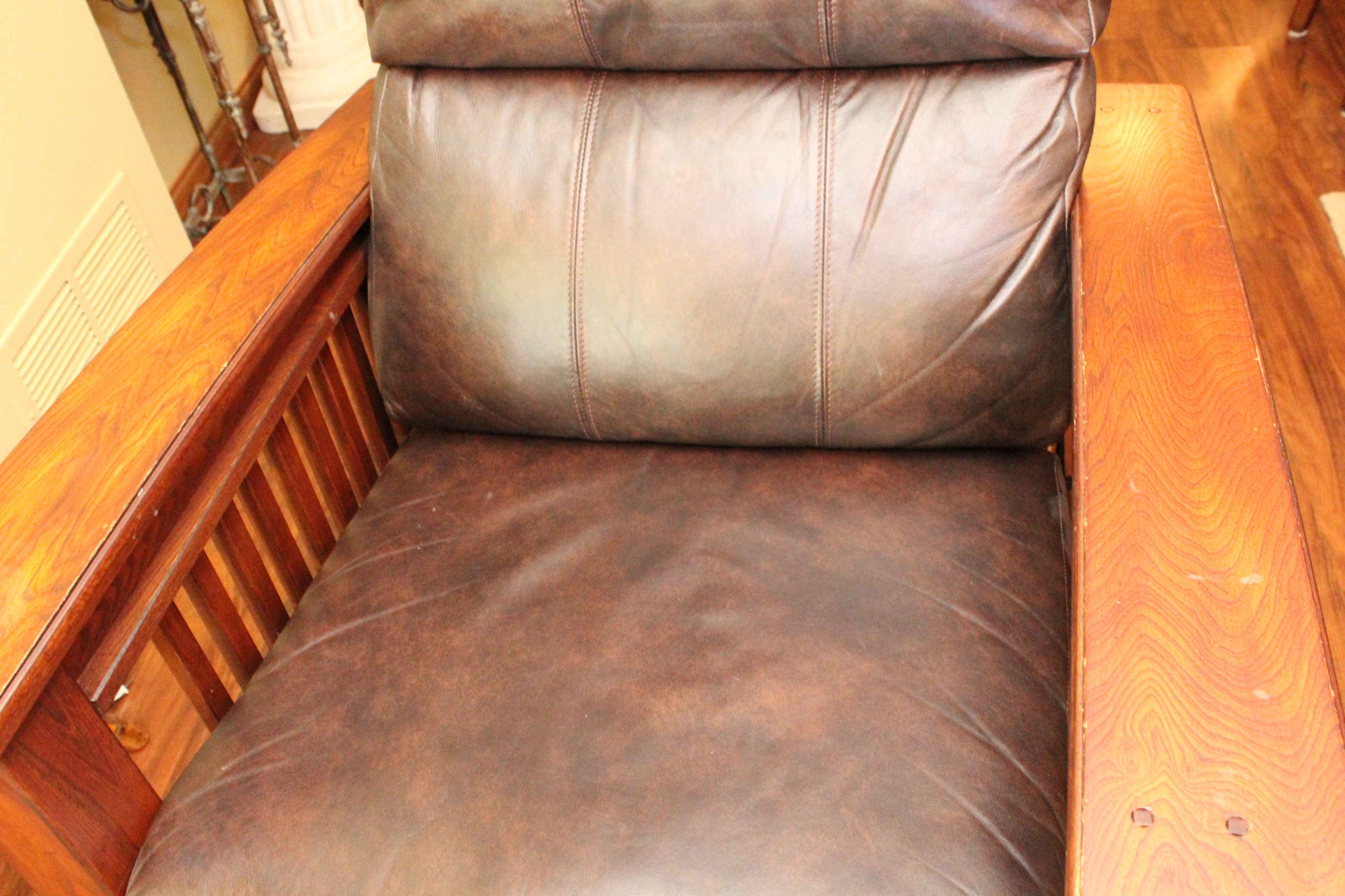 Wooden and Brown Leather Reclining Chair
