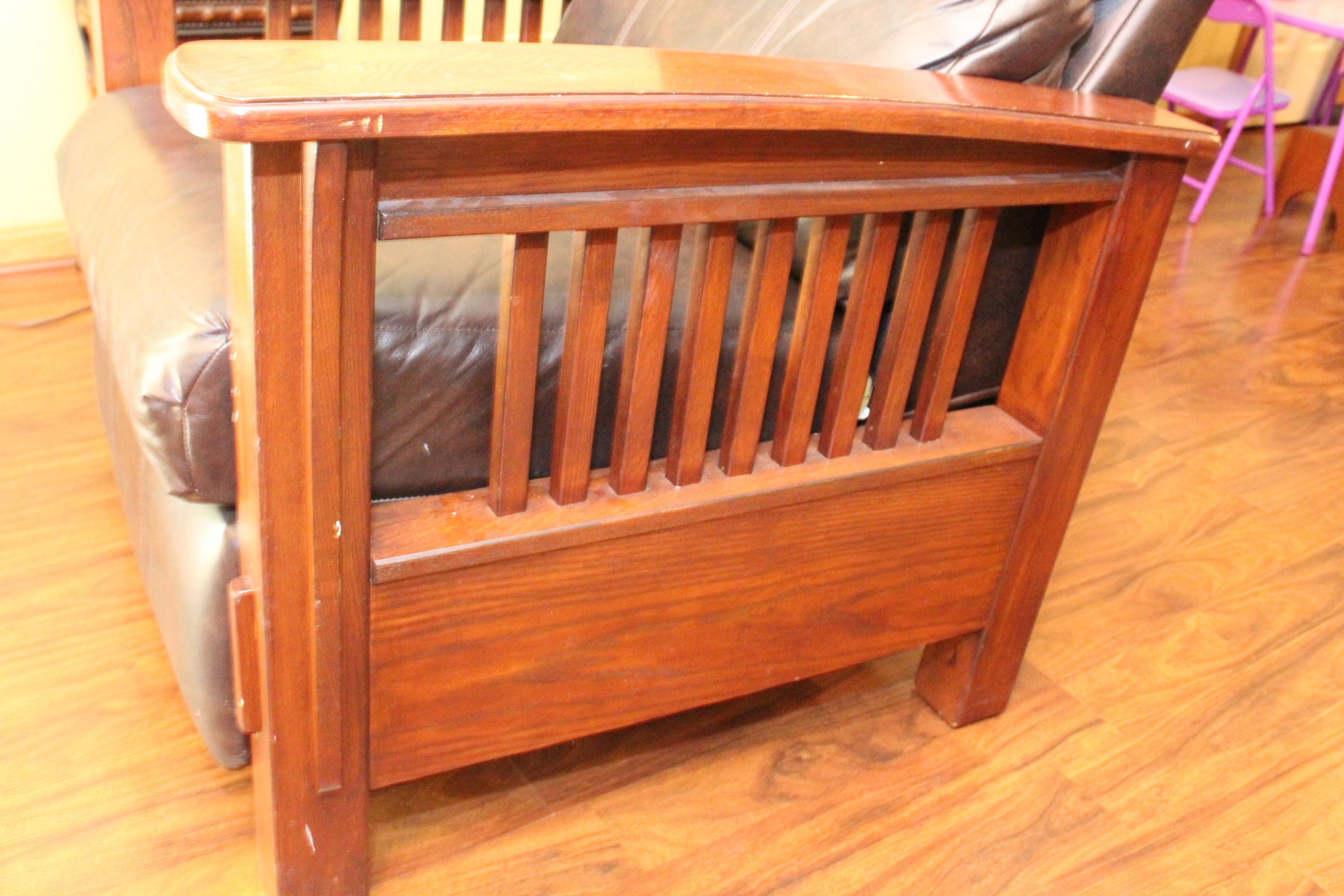 Wooden and Brown Leather Reclining Chair