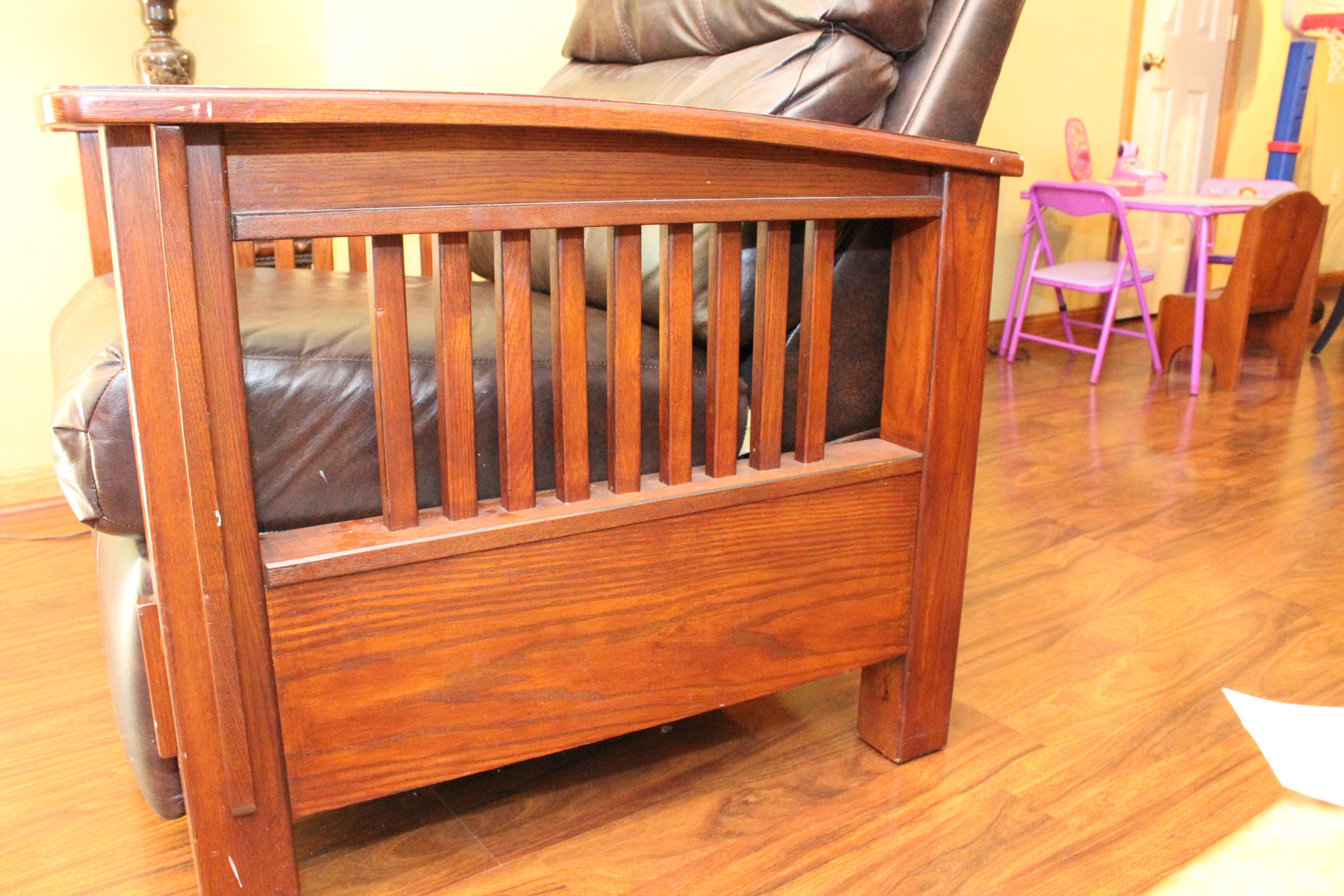 Wooden and Brown Leather Reclining Chair