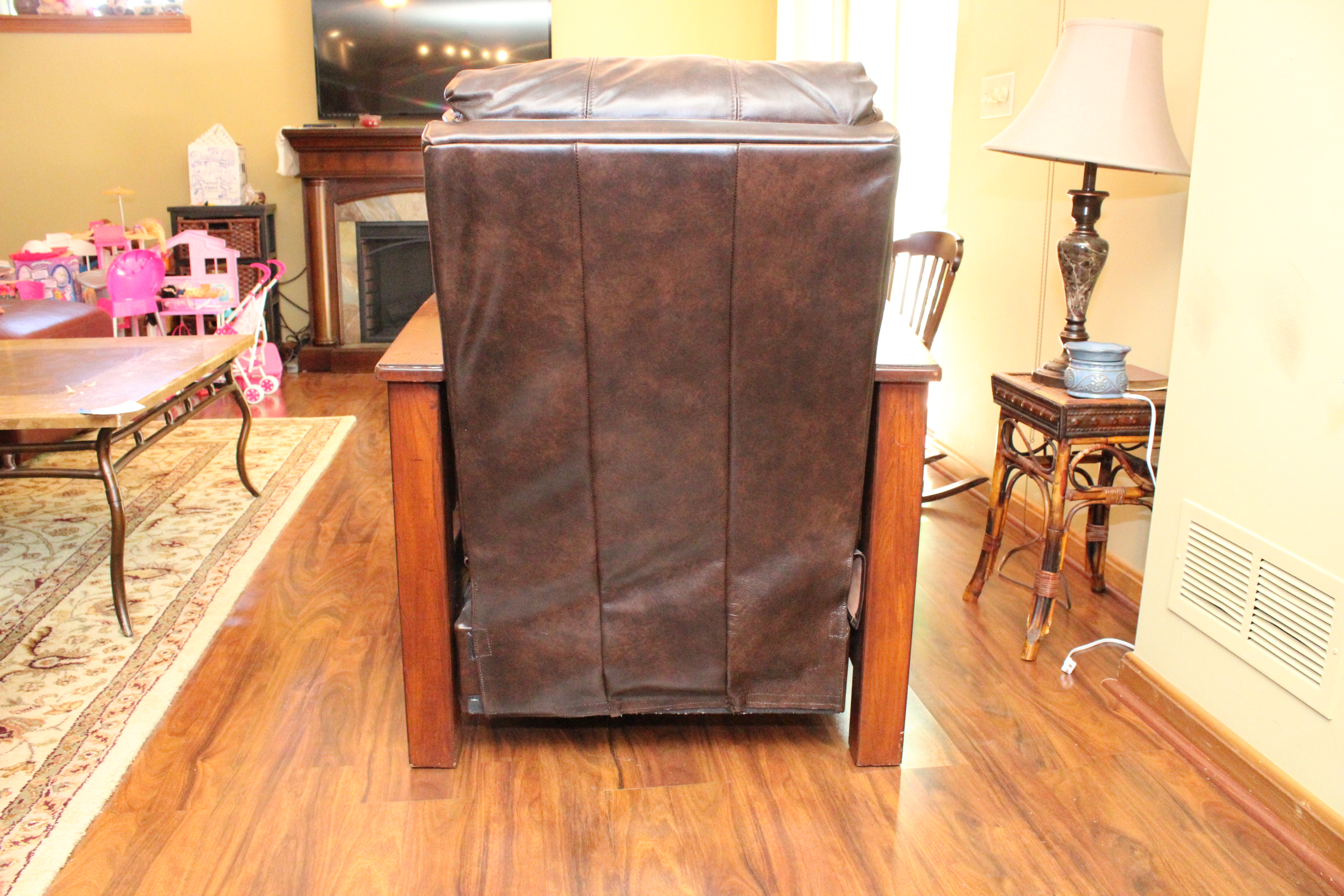 Wooden and Brown Leather Reclining Chair