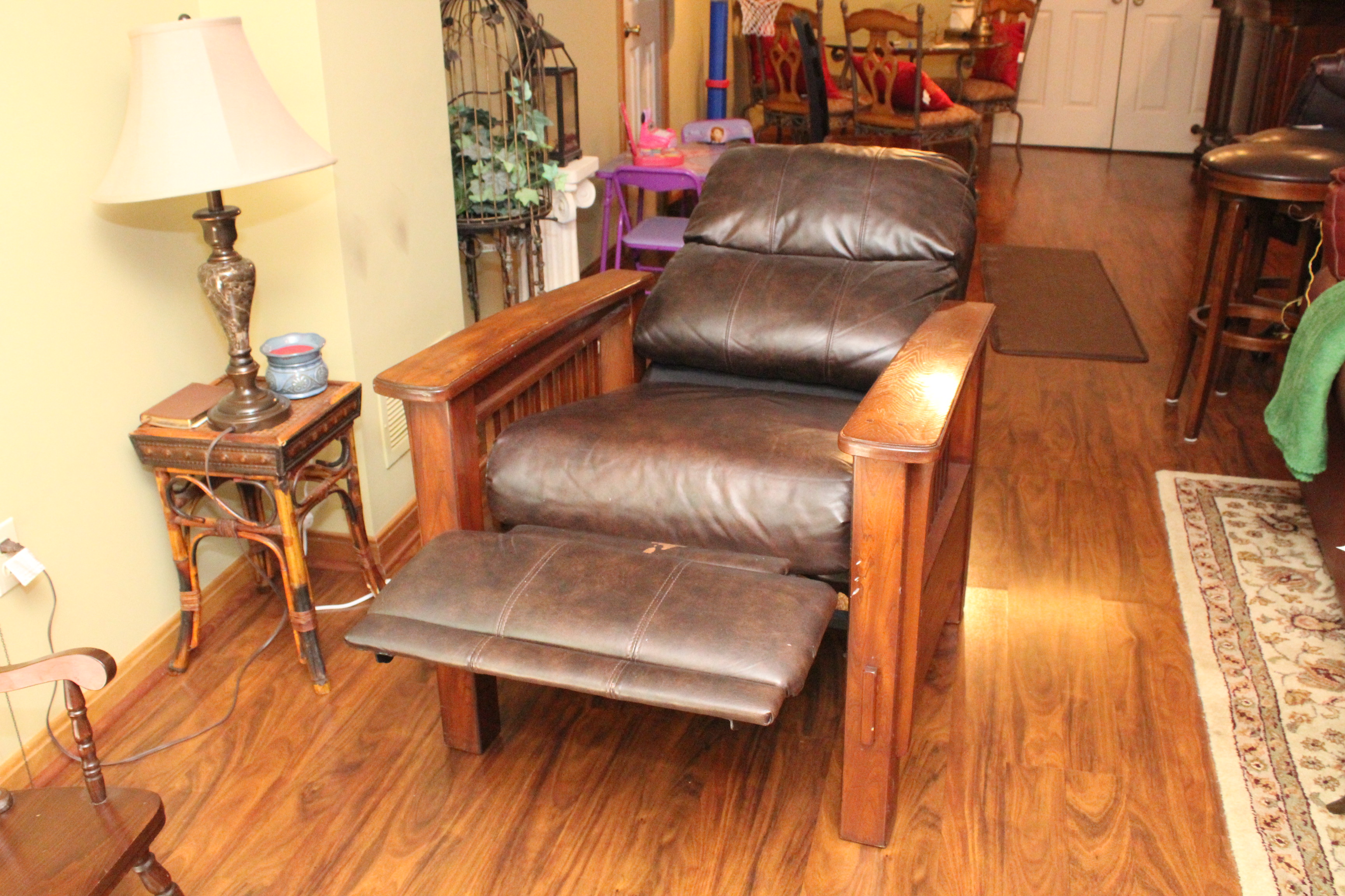 Wooden and Brown Leather Reclining Chair