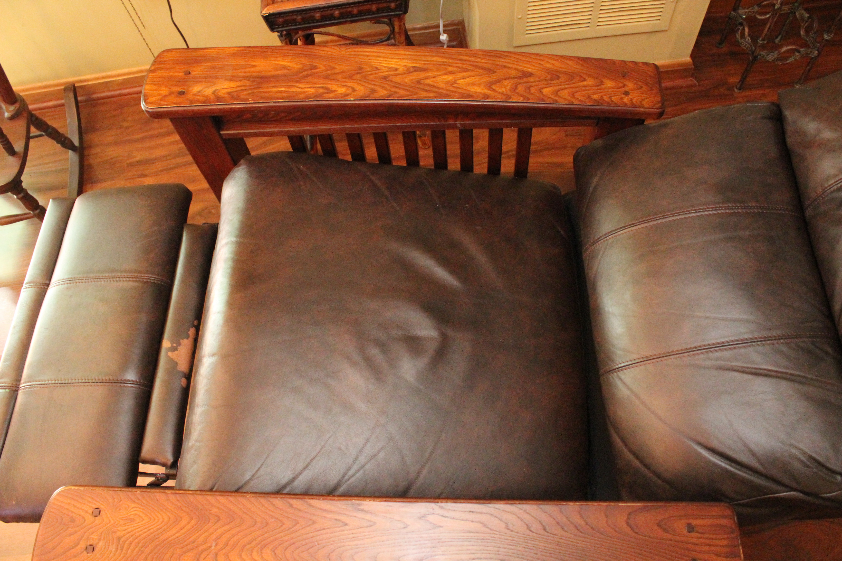 Wooden and Brown Leather Reclining Chair