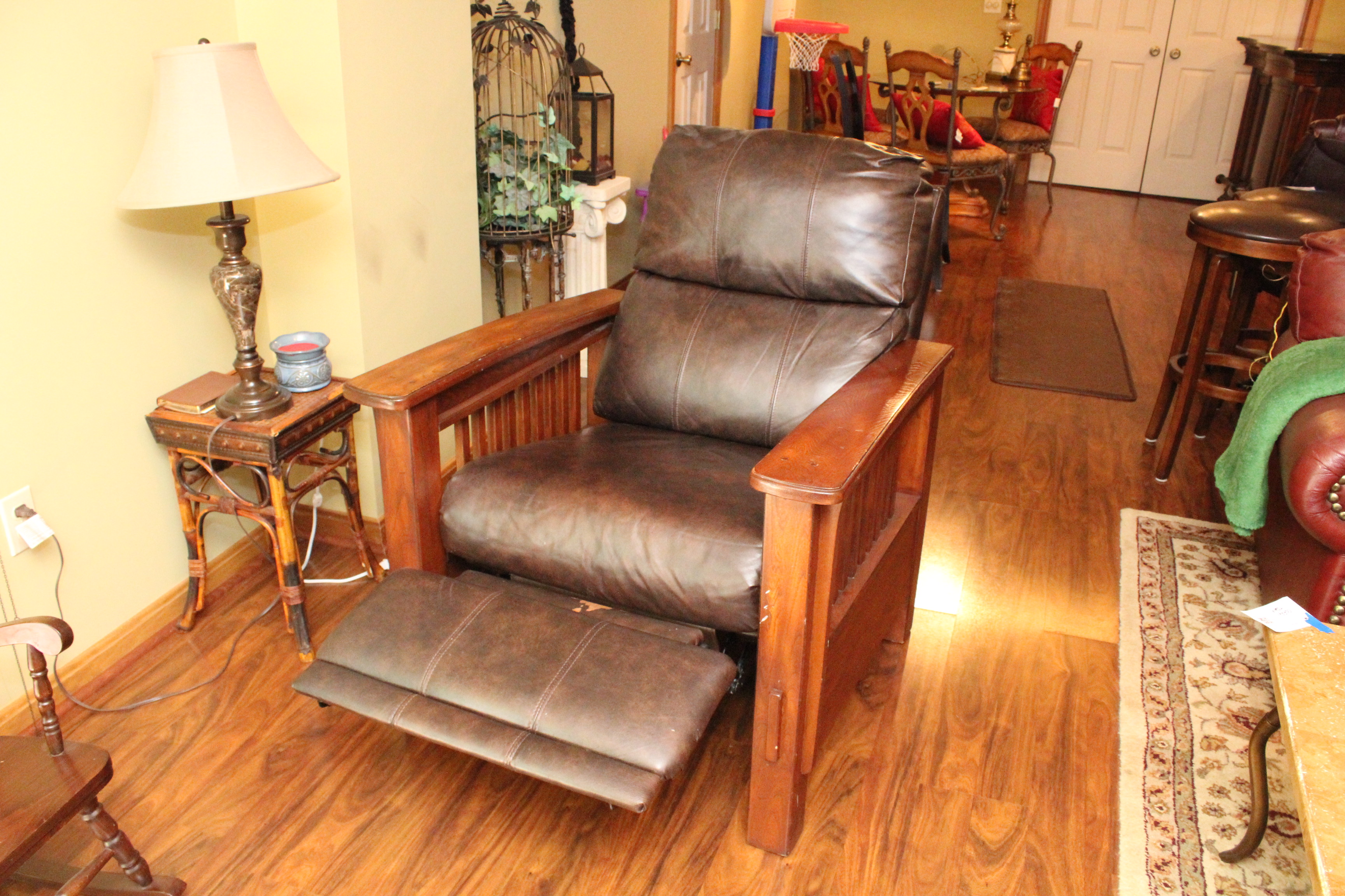 Wooden and Brown Leather Reclining Chair