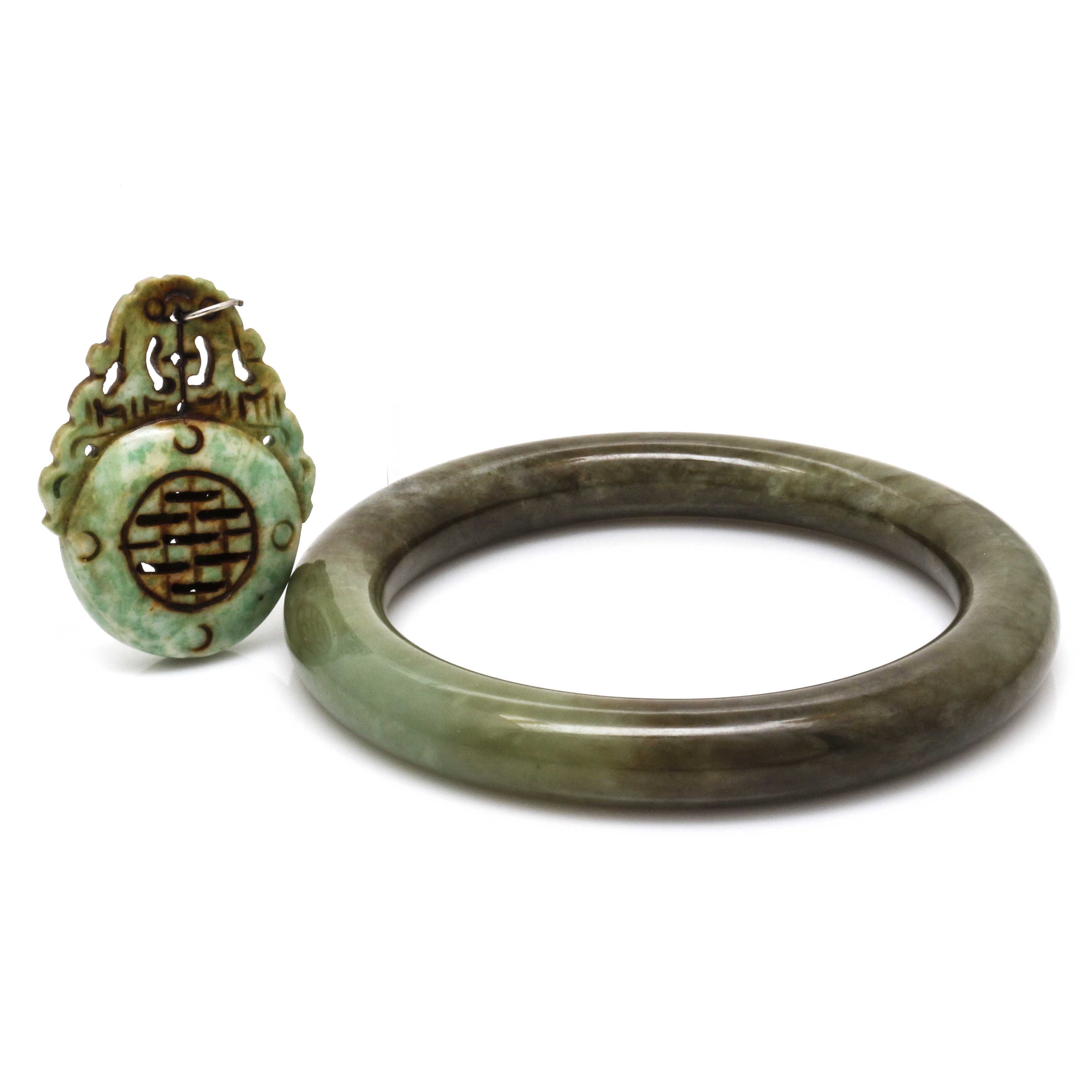 Carved Bowenite Bangle and Amazonite Pendant