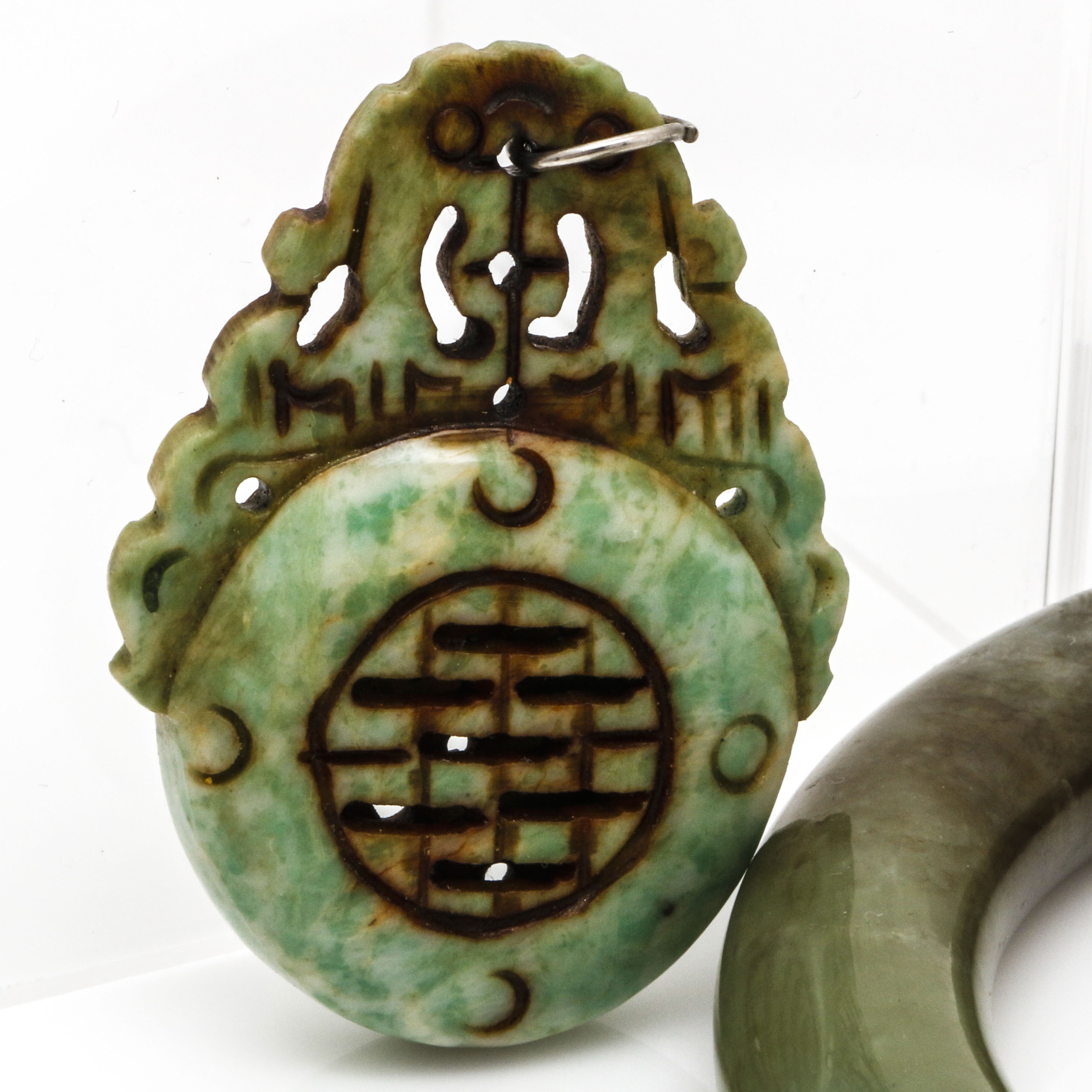 Carved Bowenite Bangle and Amazonite Pendant