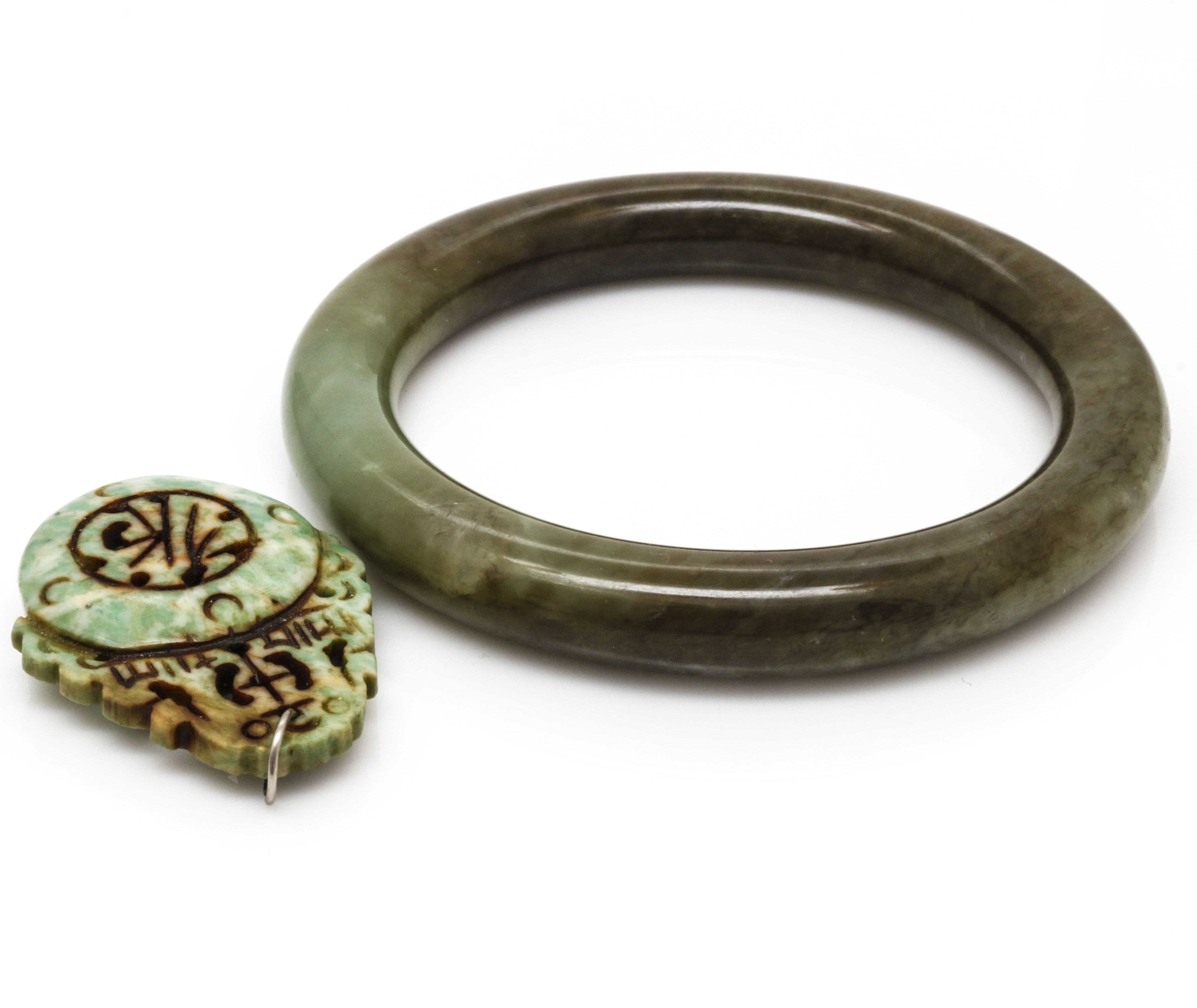 Carved Bowenite Bangle and Amazonite Pendant
